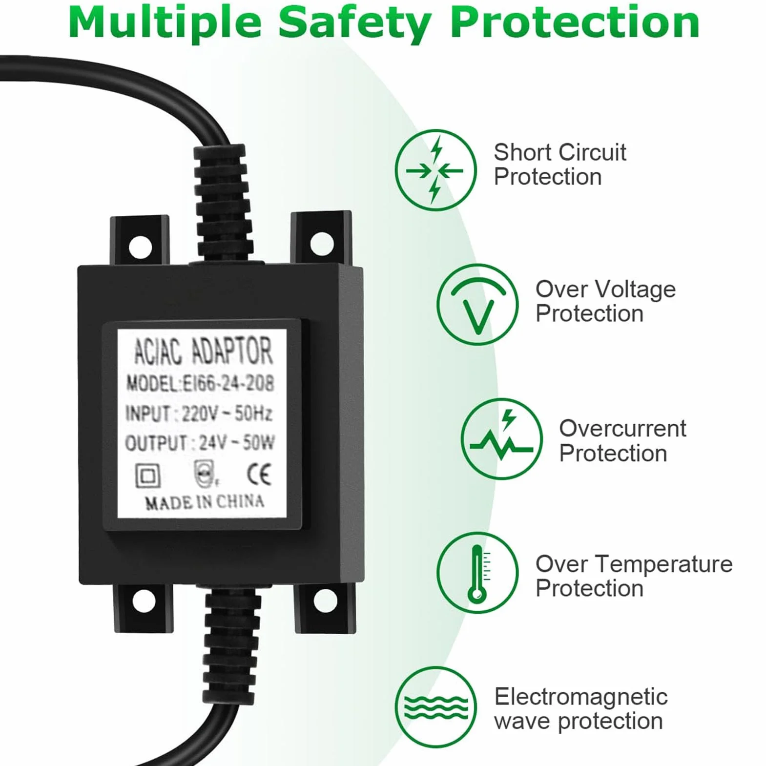 Transformateur 24 V AC/AC 50 W IP68 extérieur enfichable, alimentation LED 220 V 24 V