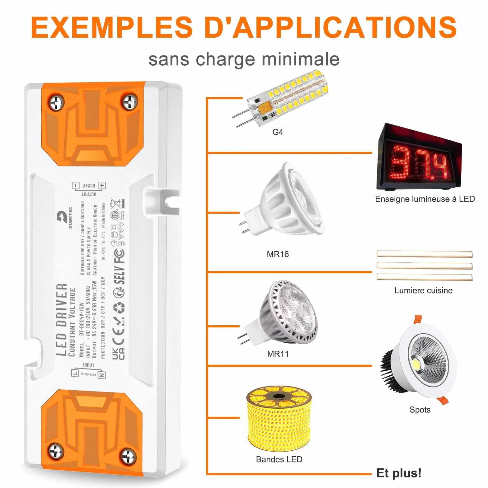 DUSKTEC Transformateur 220V à 24V Alimentation LED 15W Plat AC-DC IP44