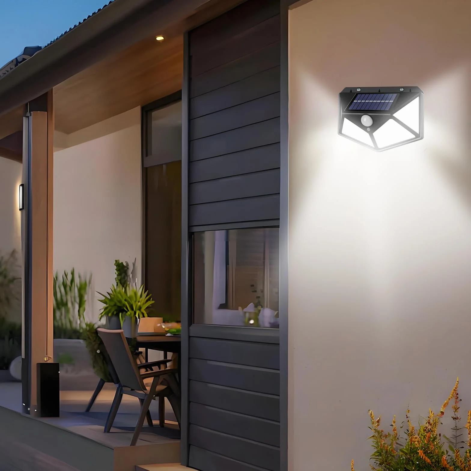 Lampe Solaire Extérieur avec Détecteur de Mouvement 100 LED IP65 Etanche 3 Modes Angle 270° Batterie 800mAh Lot de 4