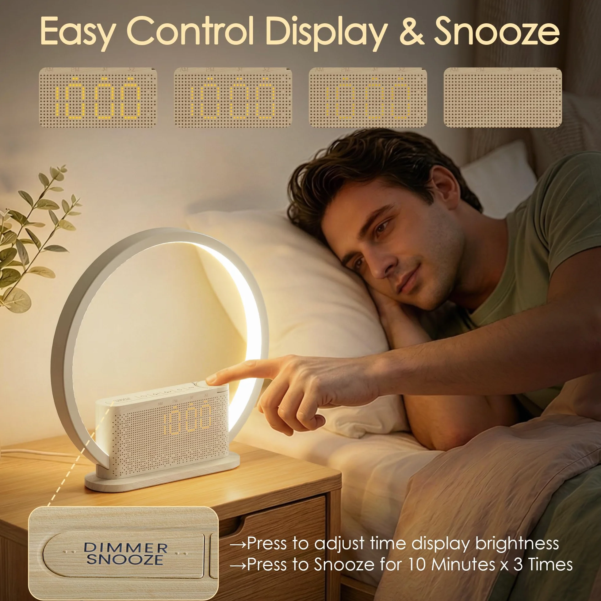 Lampe de réveil avec lumière naturelle imitant le lever du soleil, 3 niveaux de luminosité, 10 sonneries naturelles, port USB, veilleuse