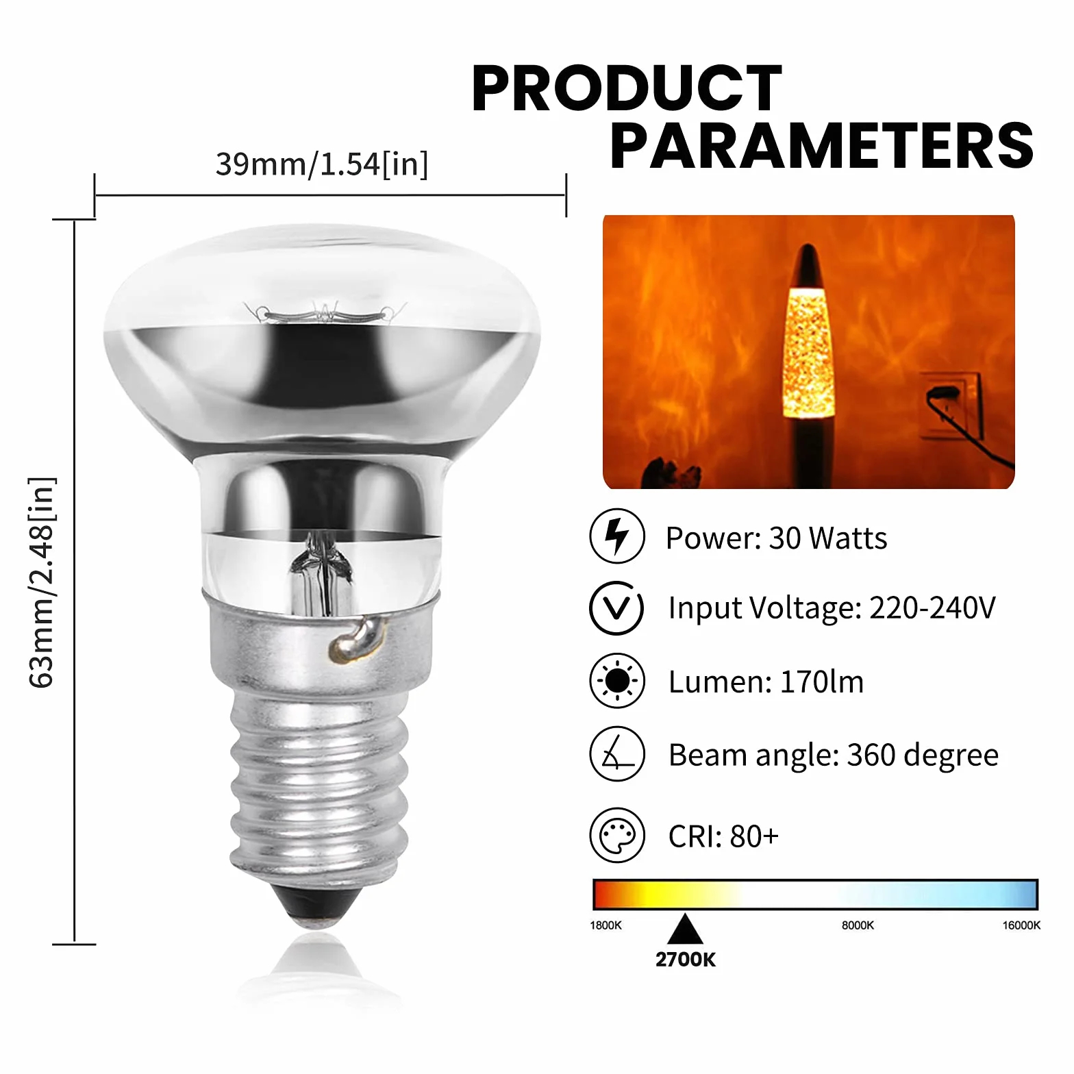 Luxvista 30W R39 E14 Ampoule Lampe Lave Réflecteur SES Blanc Chaud 2700K 2-Pack