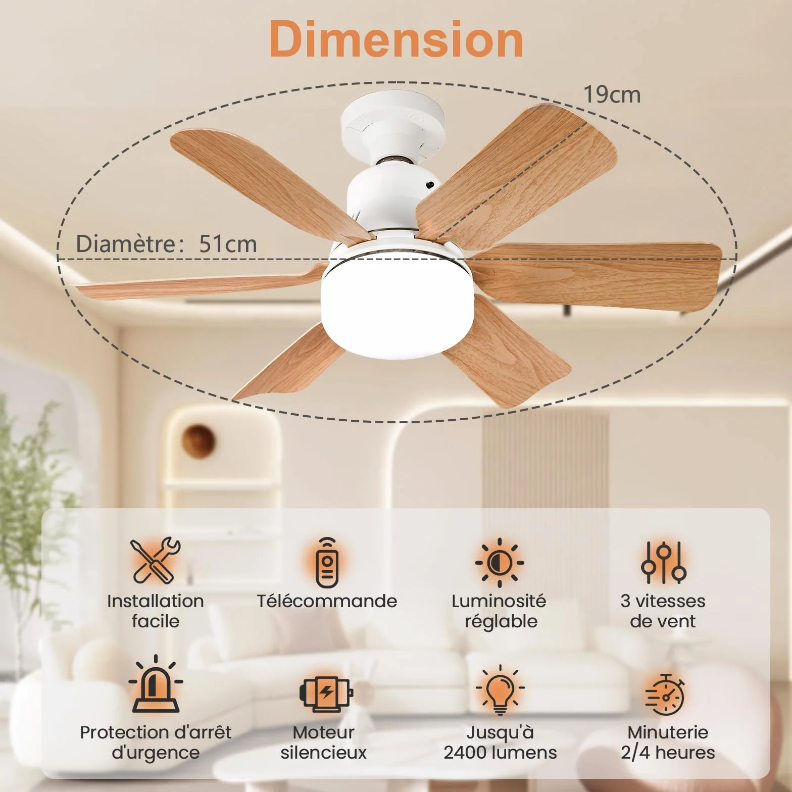 Ventilateur Plafond avec Lumiere 51CM Télécommande 3 Vitesses Réglage Luminosité Température Couleur Bois