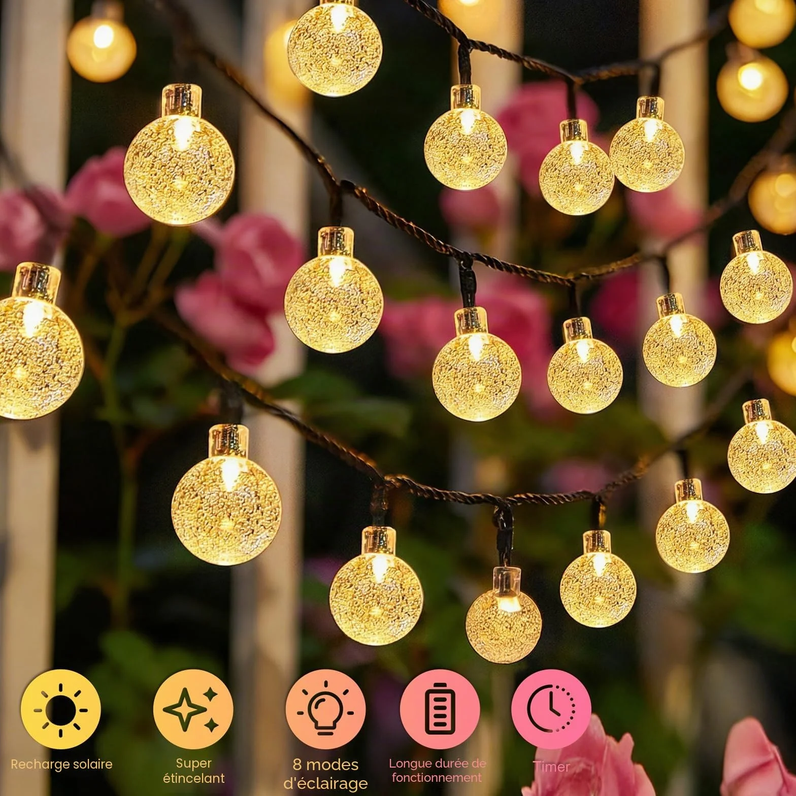 Guirlande lumineuse solaire d'extérieur 40 LED IP65 8 modes Blanc chaud