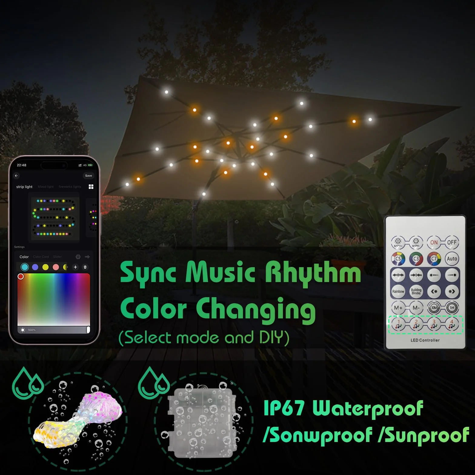 Parasol Guirlande Feux D'artifice LED 104 LED Couleur Changeante avec APP Bluetooth Télécommande DIY Chasing Metor Flowing