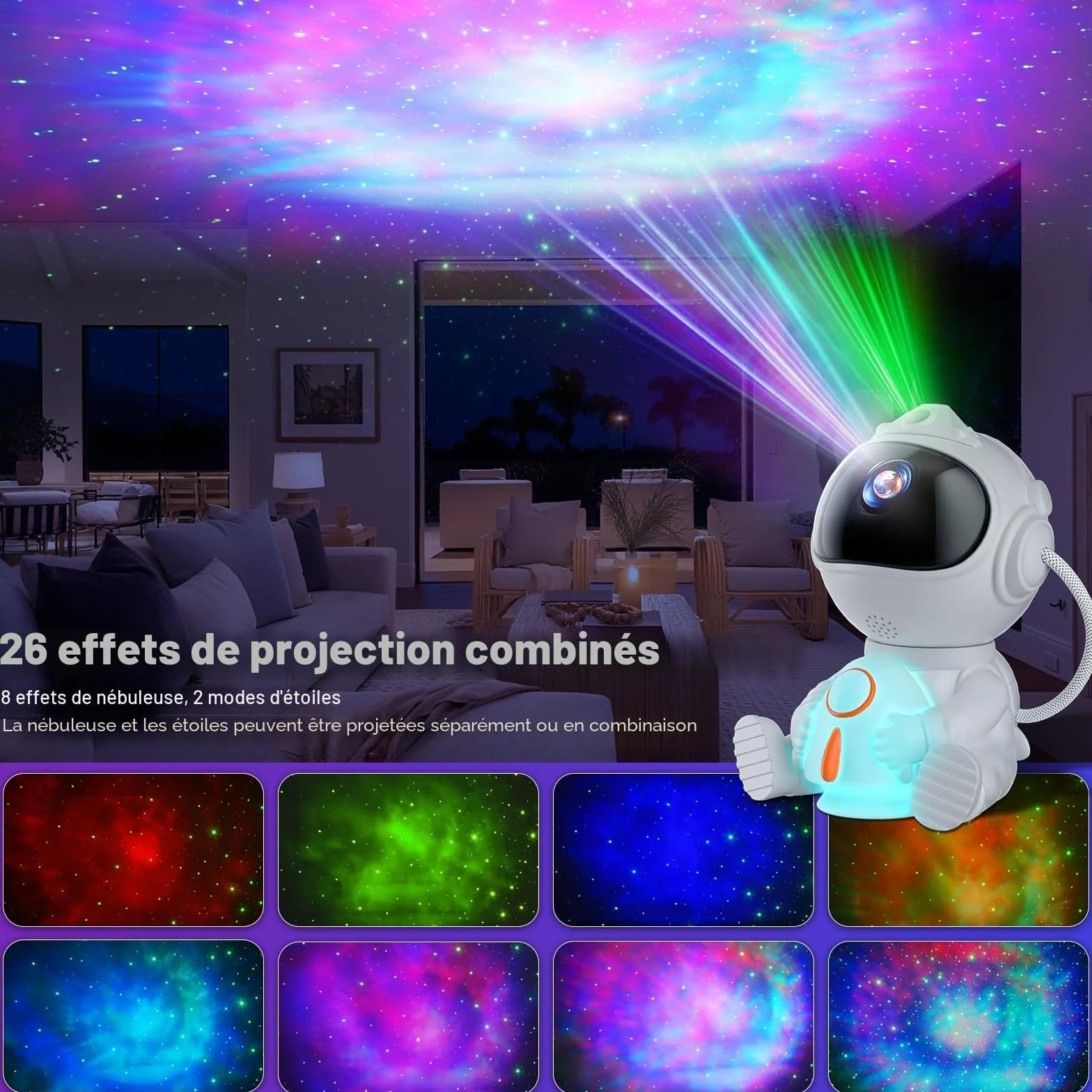 Astronaute Projecteur LED Ciel Étoilé 8 Modes Nébuleuses 5 Modes Luminosité Vitesse 2 Étoiles Galaxie Veilleuse Fusée