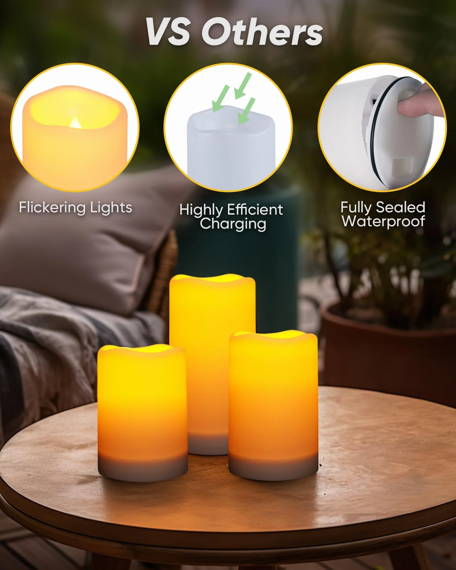 Homemory Lot de 3 bougies solaires d'extérieur étanches crépuscule à l'aube rechargeables lanternes