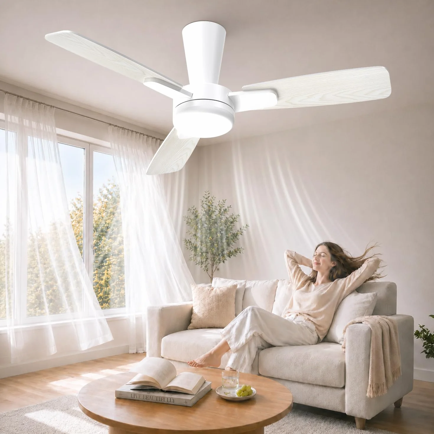 Ventilateur Plafond 106cm avec Lumière Silencieux, Télécommande, LED Dimmable, 6 Vitesses, Moteur DC Réversible