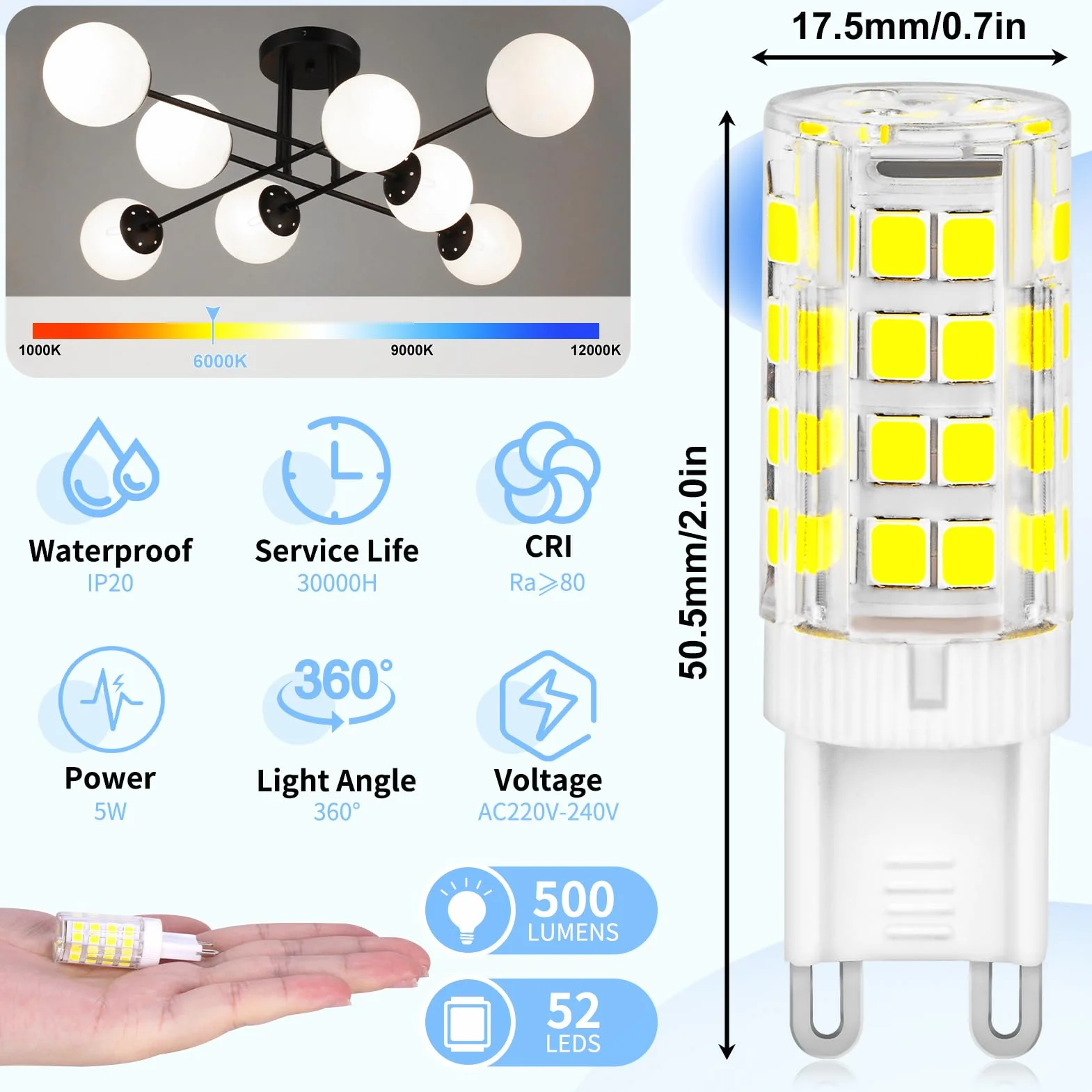 Ampoules LED G9 YIIFELL, Blanc Froid 6000K 5W 500LM Non Dimmable AC 220-240V, Lot de 8