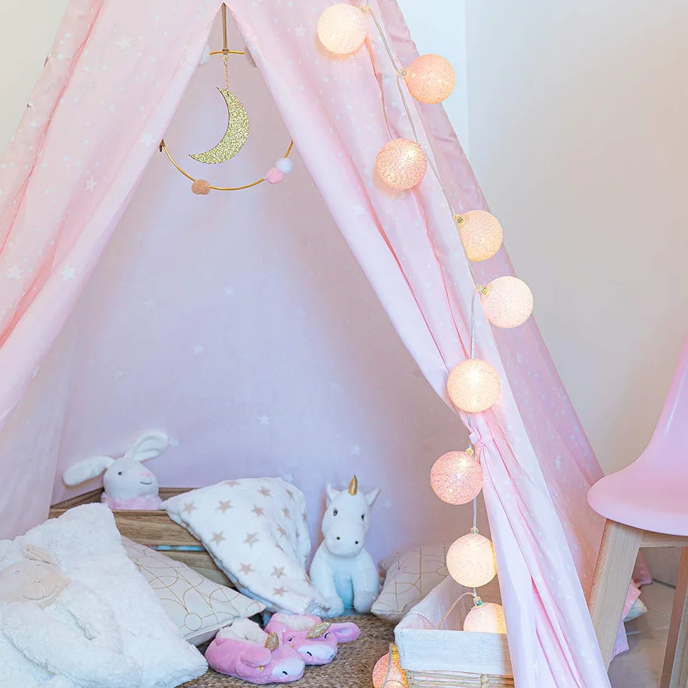 GuirLED Guirlande lumineuse boules coton LED USB Veilleuse bébé 2h Adaptateur double USB 2A 3 intensités 16 boules 1.6m Princesse