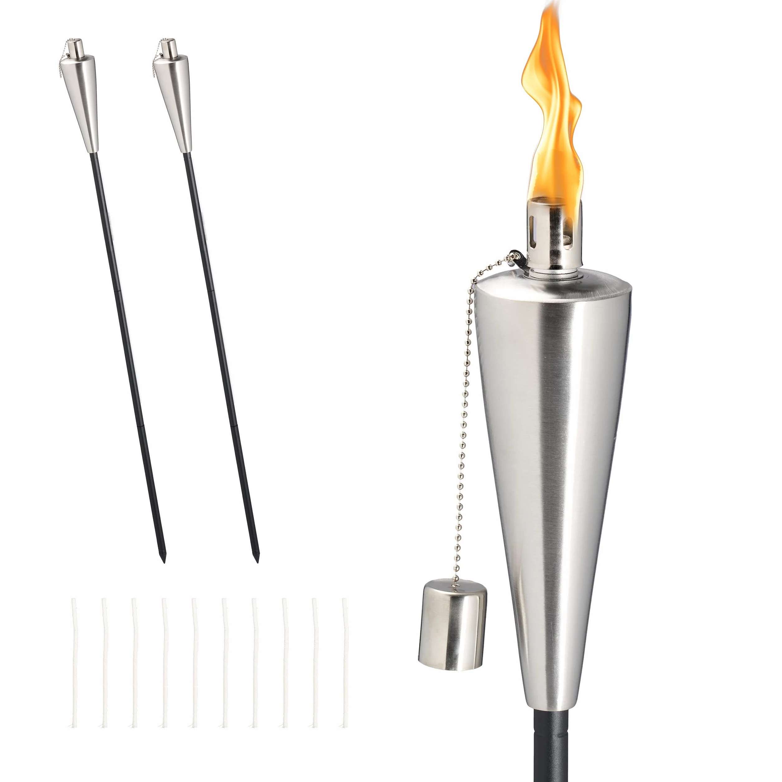 Relaxdays Fackels de Jardin Ensemble de 3 INOX Torches à Huile Hauteur réglable Argent Noir