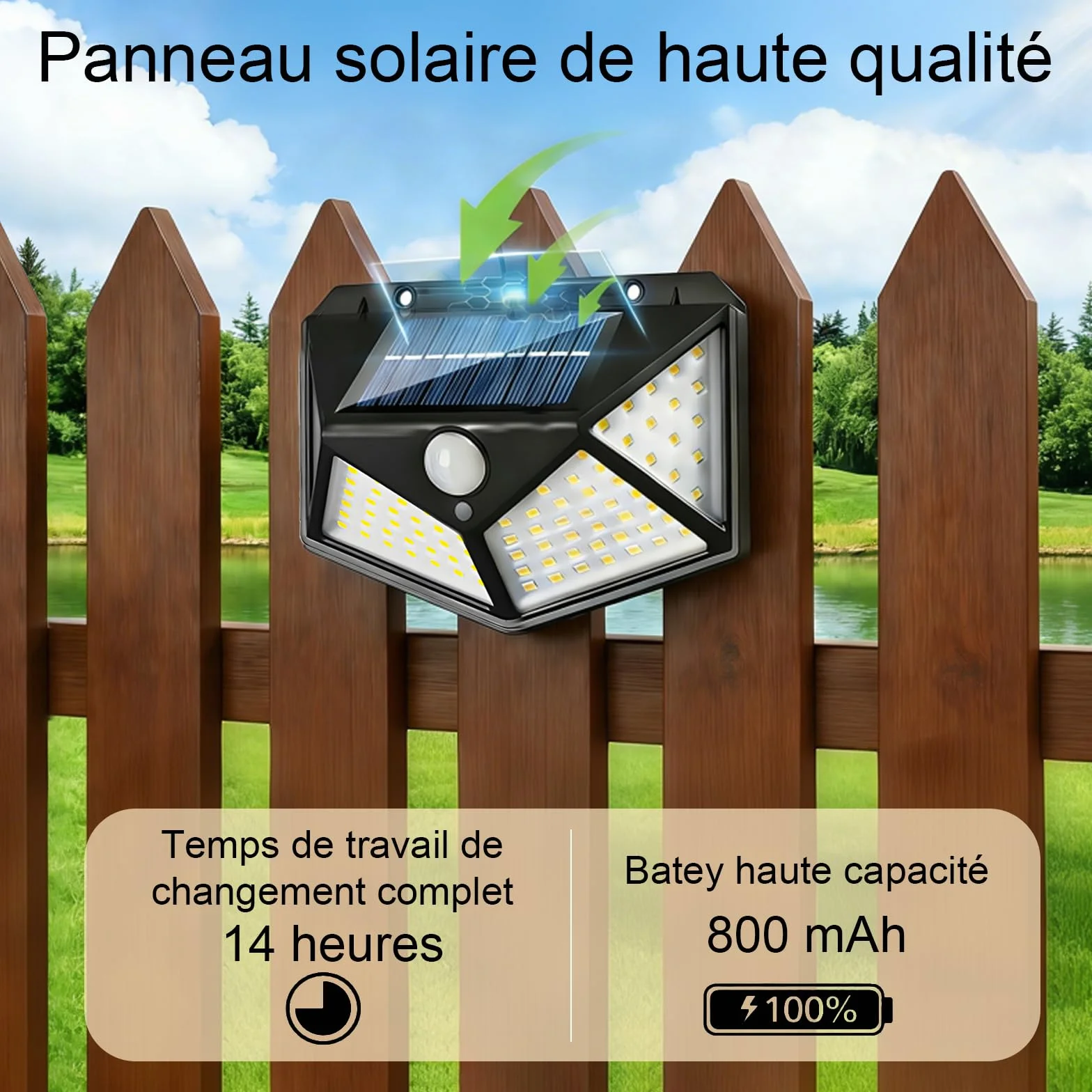 Lampe Solaire Extérieur avec Détecteur de Mouvement 100 LED IP65 Etanche 3 Modes Angle 270° Batterie 800mAh Lot de 4