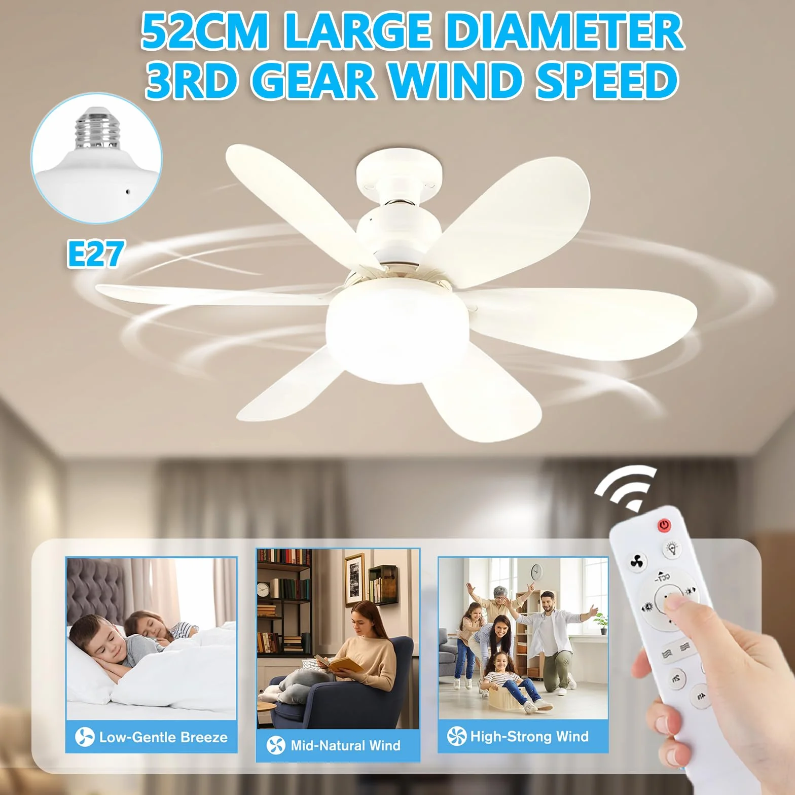 VHV Ventilateur de Plafond avec Lumière LED Dimmable 40W E27, 6 Pales, 3 Vitesses, Silencieux, Blanc