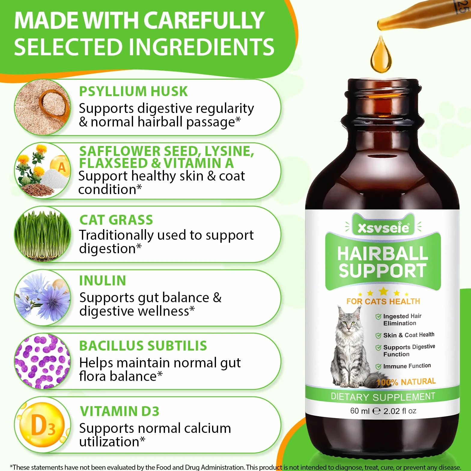 Anti Boule de Poil Chat Gouttes - Aide à gérer les Poils, Ingrédients Naturels et Vitamines, Cat Grass Flavor