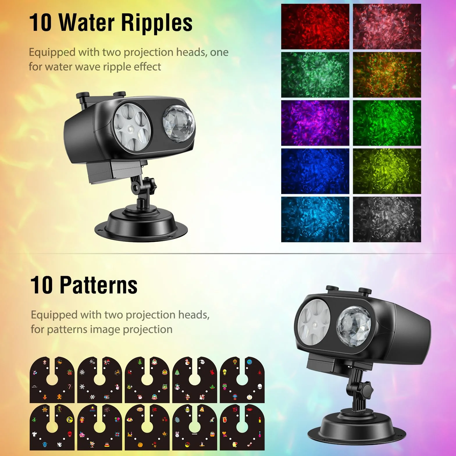 Projecteur de Noël Extérieur LED 8 Motifs 10 Diapositives 10 Couleurs avec Télécommande