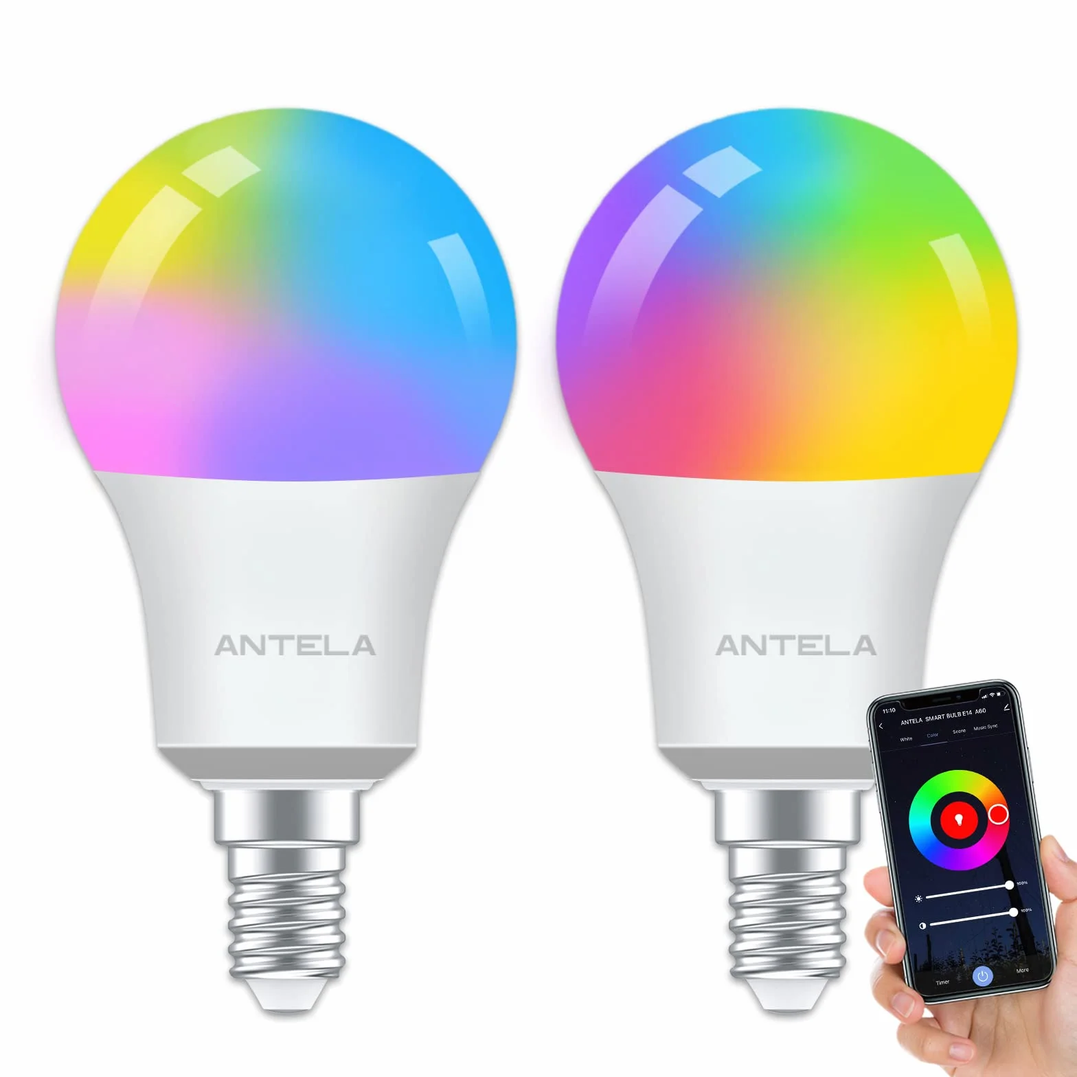 ANTELA Ampoule Connectée WiFi E14 A60 LED Intelligente RGB+CCT 2700K-6500K Compatible Alexa Google Home 2 PCS