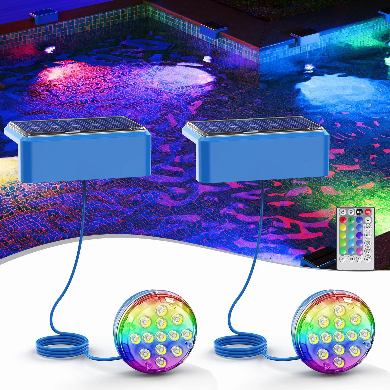 Quntis Lot de 2 Lumiere Piscine Solaire LED IP68 Etanche 1500 mAh Multicolore Blanc Chaud avec Télécommande