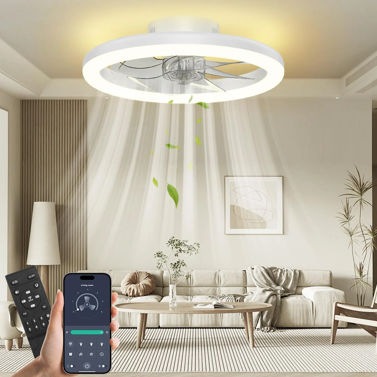 Ventilateur de Plafond 40cm avec Lumière Silencieux, Intensité Variable, 3 Couleurs