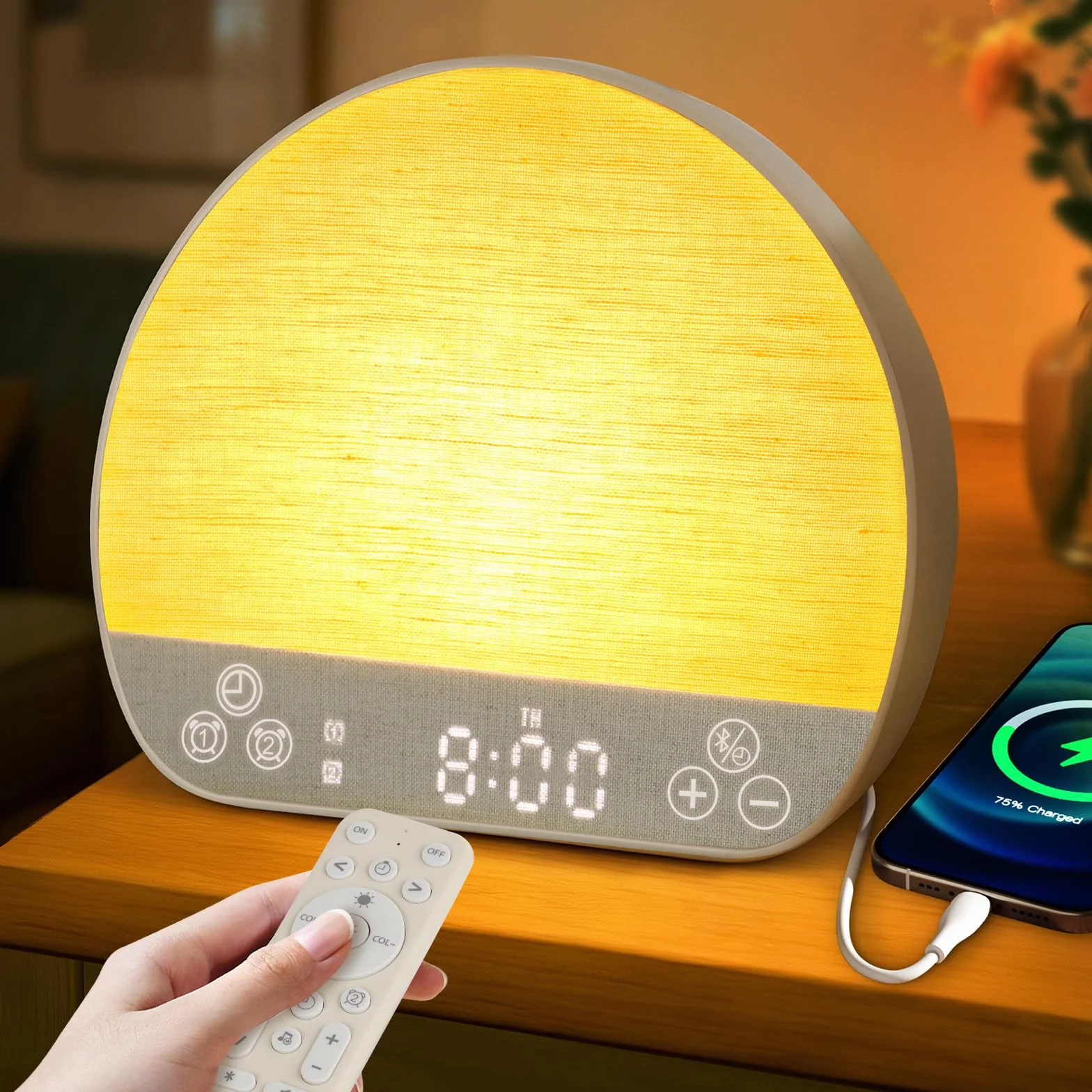 Charmofun Réveil Lumineux Simulateur d'Aube, Luminothérapie Lampe de Chevet avec 37 Sons, 20 Niveaux de Luminosité, 15 Couleurs