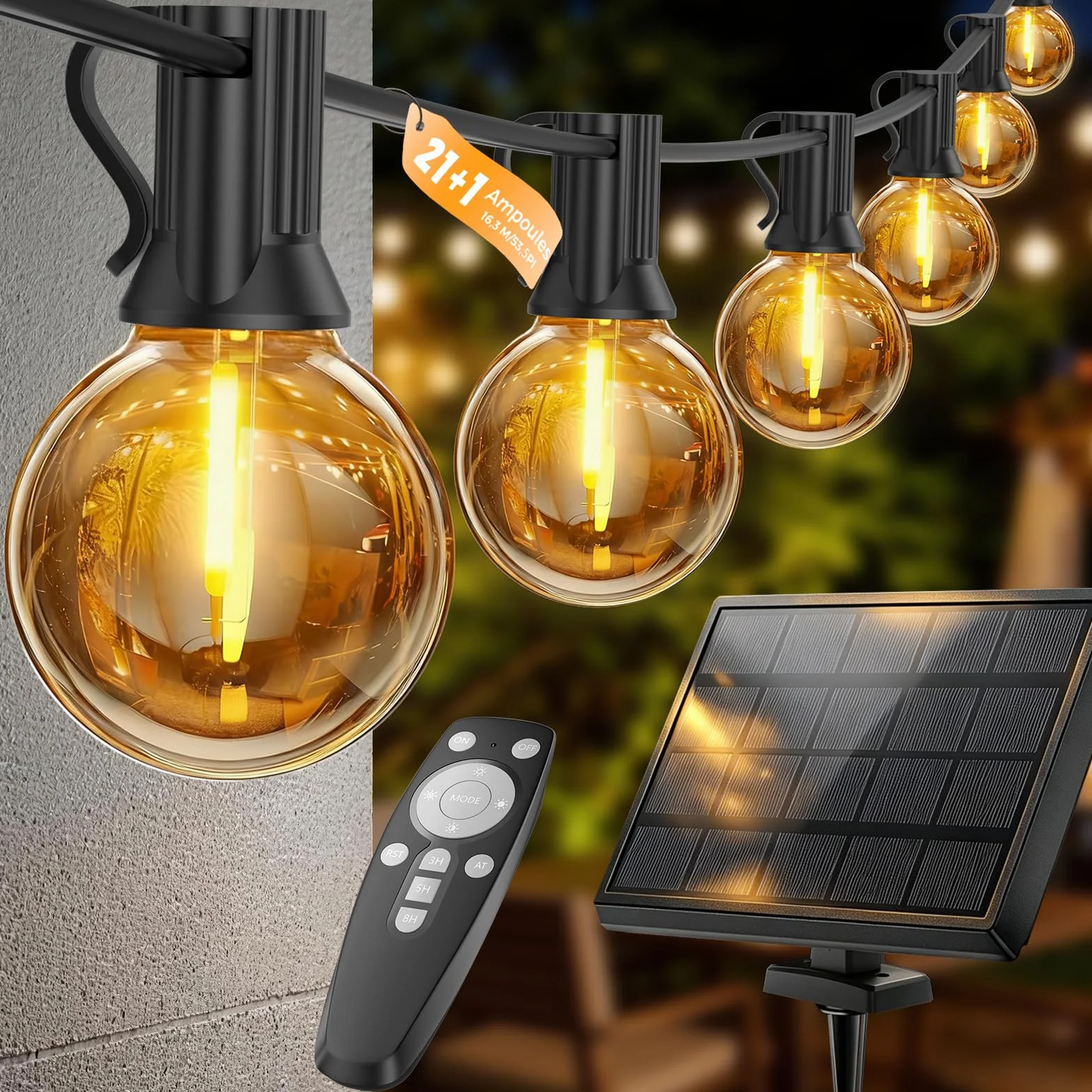 Guirlande Solaire Lumineuse Exterieure 16,3 m avec Telecommande & Minuterie, Étanche G40 LED, 4 Modes Gradable