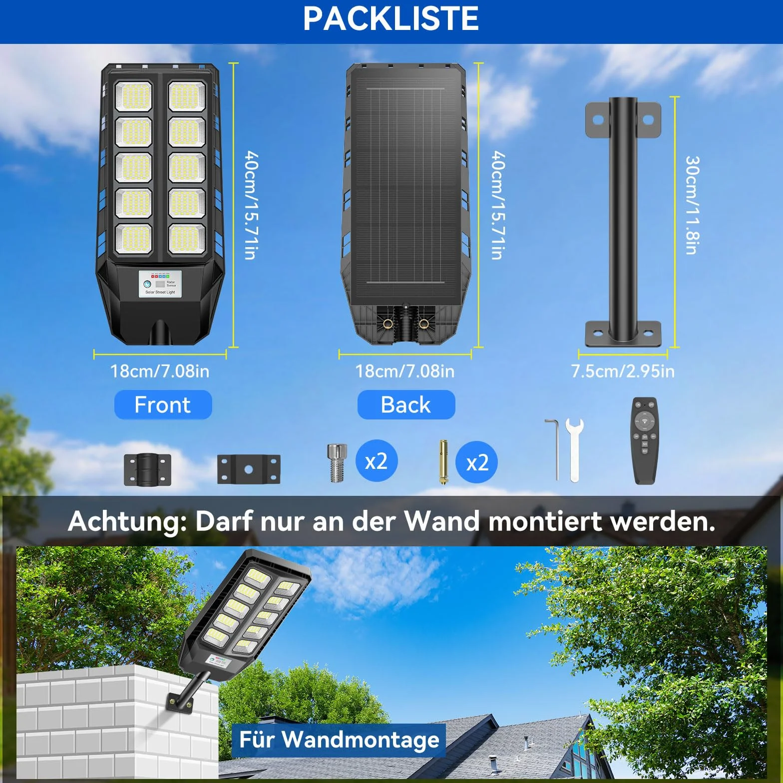 Adewalk Lampadaire solaire LED extérieur IP66 étanche avec télécommande capteur de mouvement 6500K