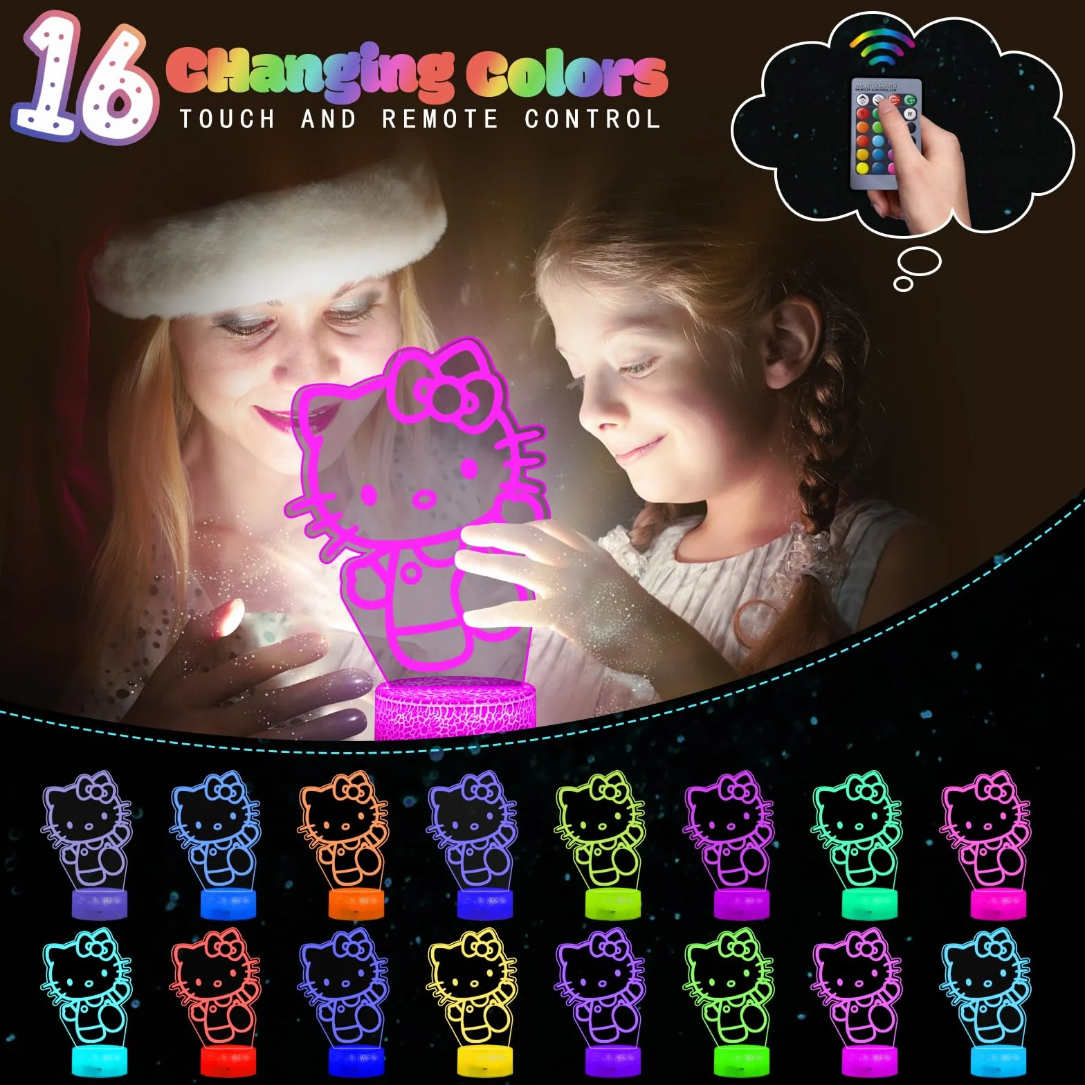 Kitty Veilleuse 3D LED Enfants USB Smart Remote Control 16 Couleurs Lampe Chevet