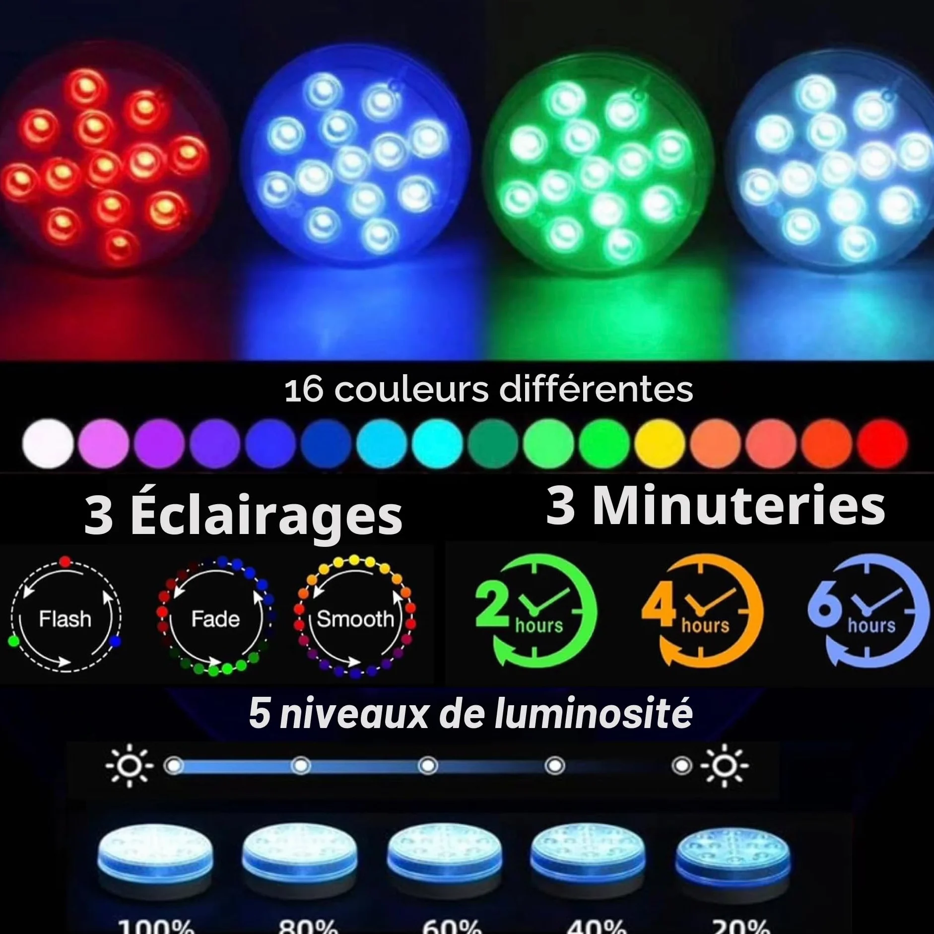 Lumières LED Submersible Lot de 4 - Lampe LED Imperméable Avec Télécommande RGB Multicolore Étanche