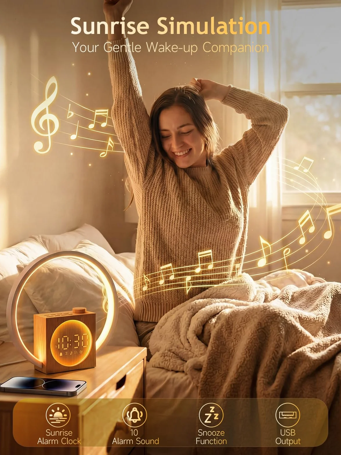 Simulateur d'Aube et Crépuscule Éveil Lumière avec Anneau Tactile 360°, 12 Couleurs, 30 Sons Naturels, Veilleuse Enfant, Snooze, Sleep Timer