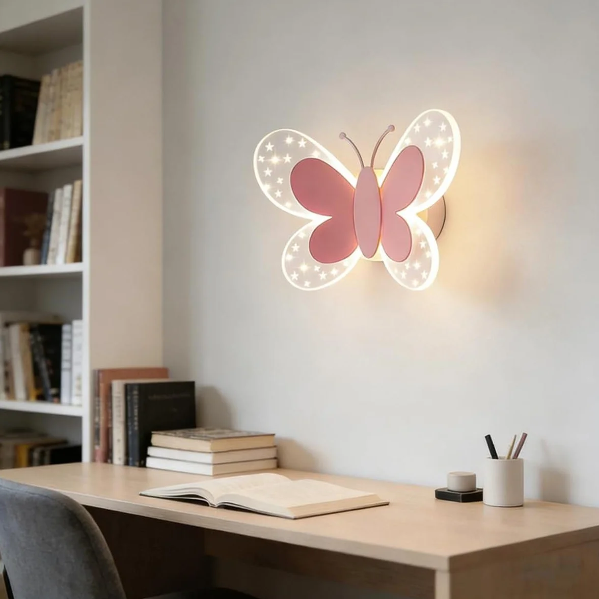 Applique Murale LED 16W Papillon Rose Chambre Enfant