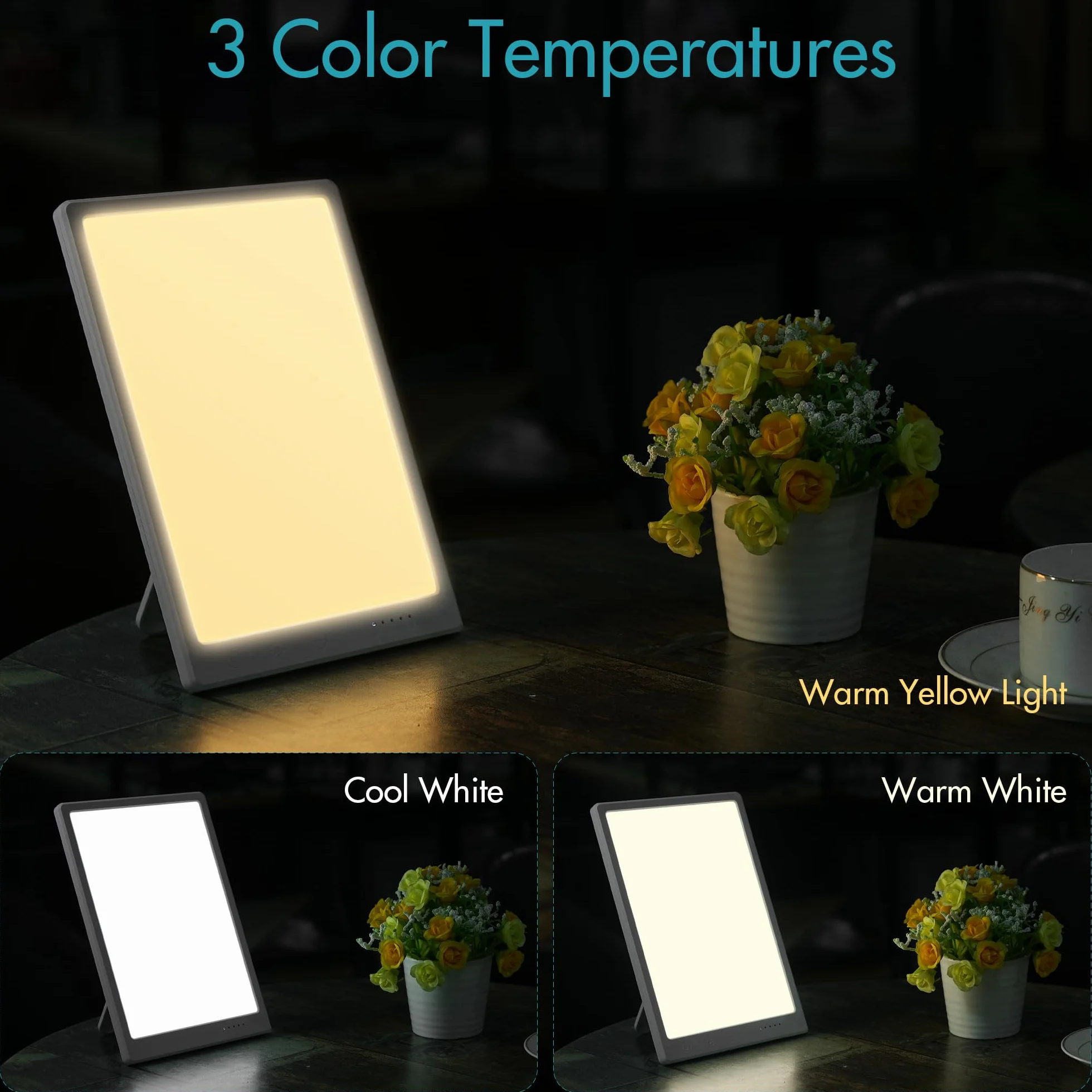 Lampe de lumière du jour 15000 Lux, lampe solaire sans UV, 3 températures de couleur, 4 niveaux de luminosité, minuterie, support pliant 45°