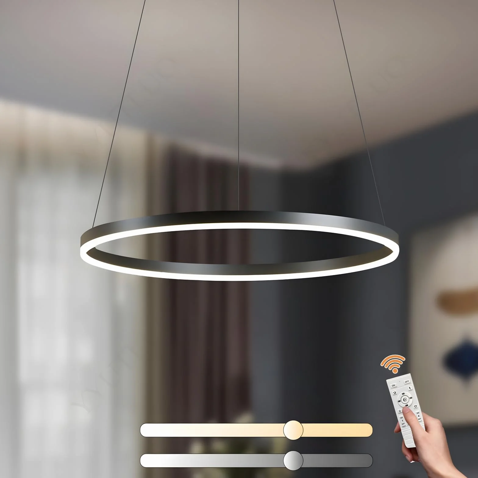 Lustre LED Moderne DIY Cercle | 1 Noire Anneaux :60cm=29W| Éclairage Suspendu LED Métal+Acrylique Télécommande Intensité Variable 2,13G Lampe Suspendue Plafond Ronde Salon Chambre Coucher