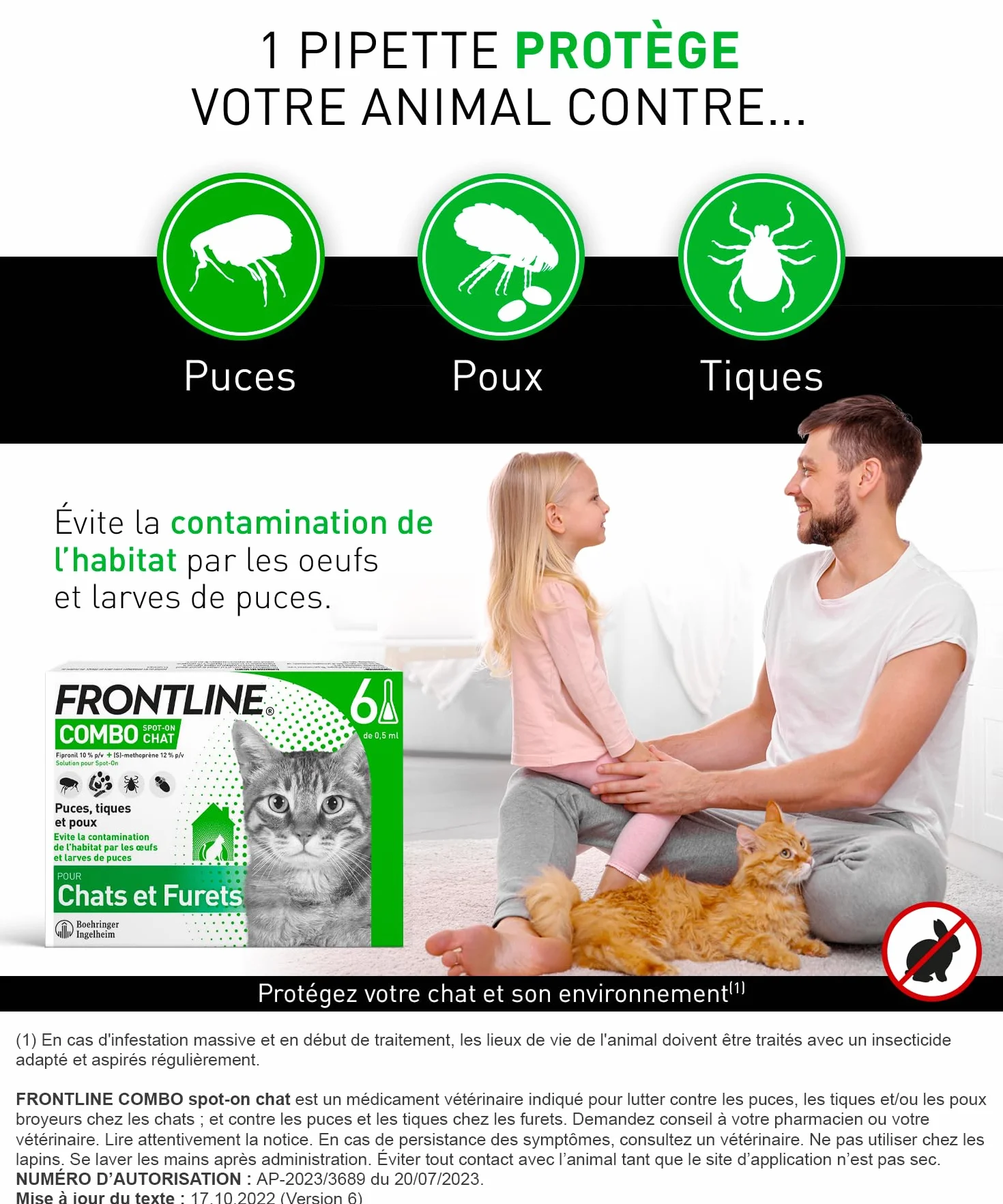 FRONTLINE Combo Chat 6 Pipettes Anti Puces Tiques Poux Larves Oeufs Jusqu'à 4 Semaines Fabriqué En France