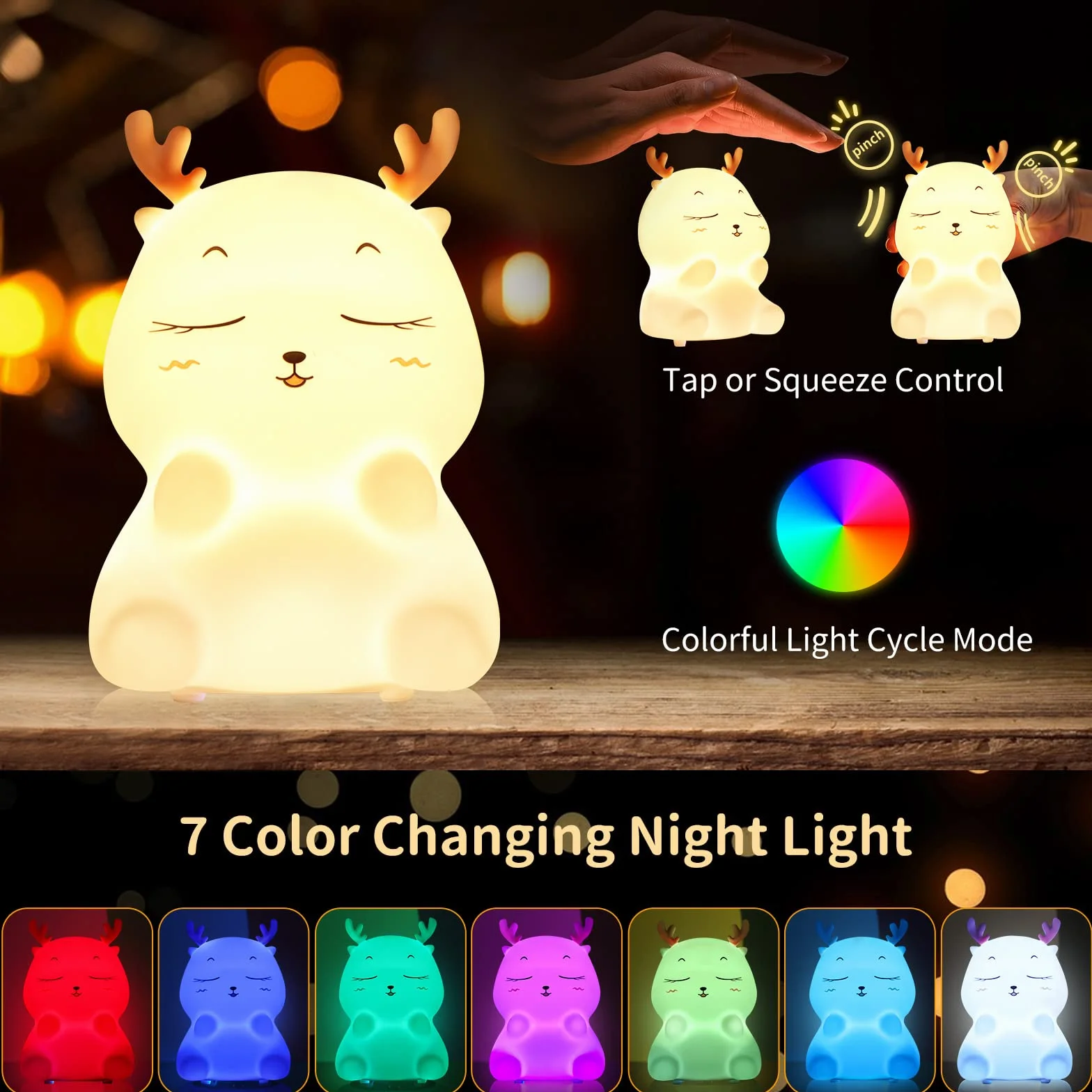 Veilleuse Enfant Rechargeable 7 Couleurs LED Silicone Lampe de Chevet Tactile Cerf