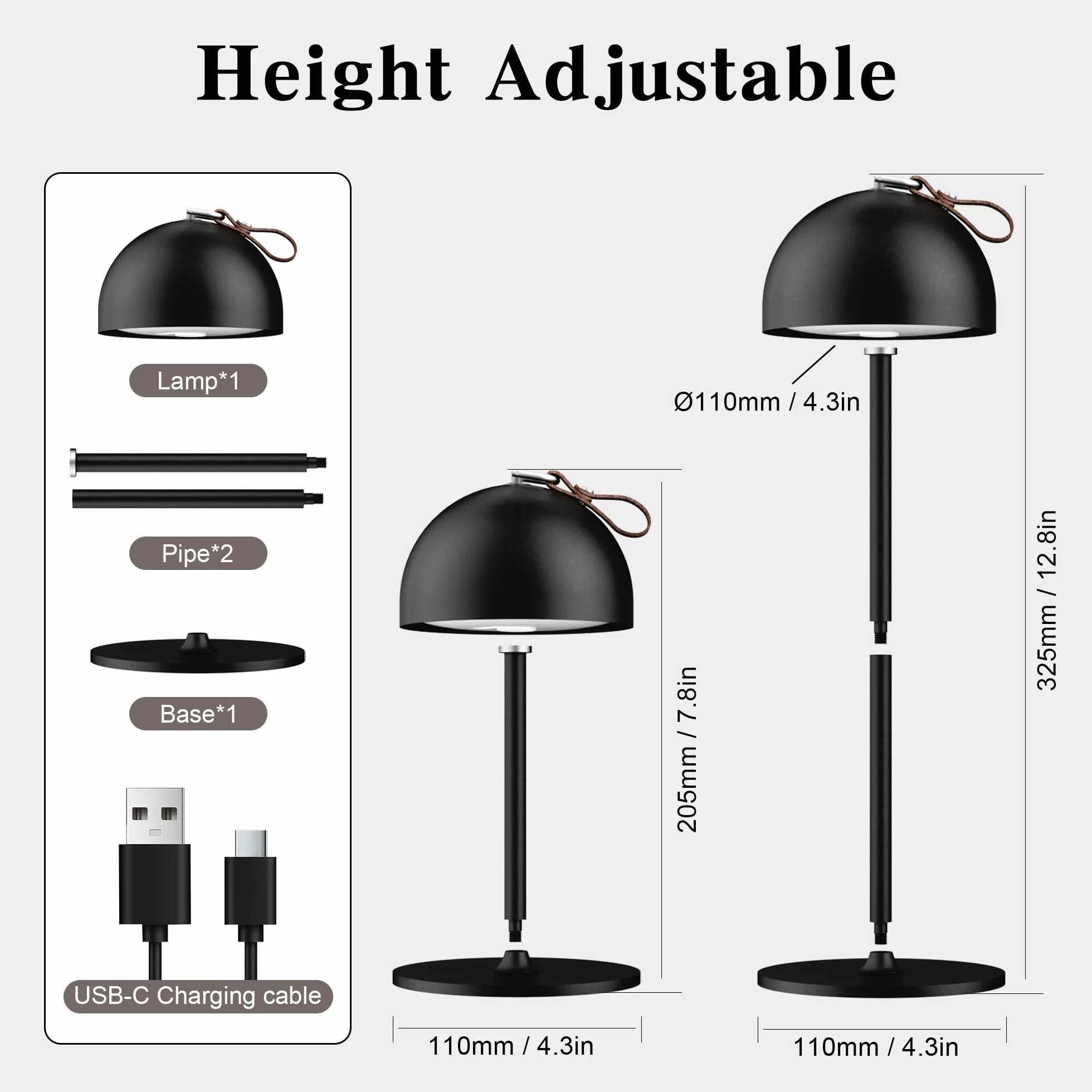 DEELUX Lampe de Table Sans Fil Rechargeable, Hauteur Réglable Métal, USB-C, 3000K Blanc Chaud Dimmable LED, Noir