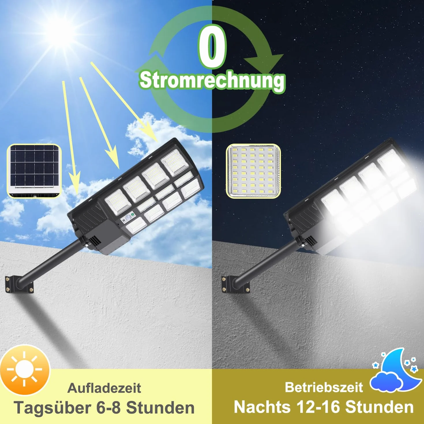 Lampadaire solaire de rue 300 W LED extérieur 6500 K Blanc froid IP65 avec télécommande