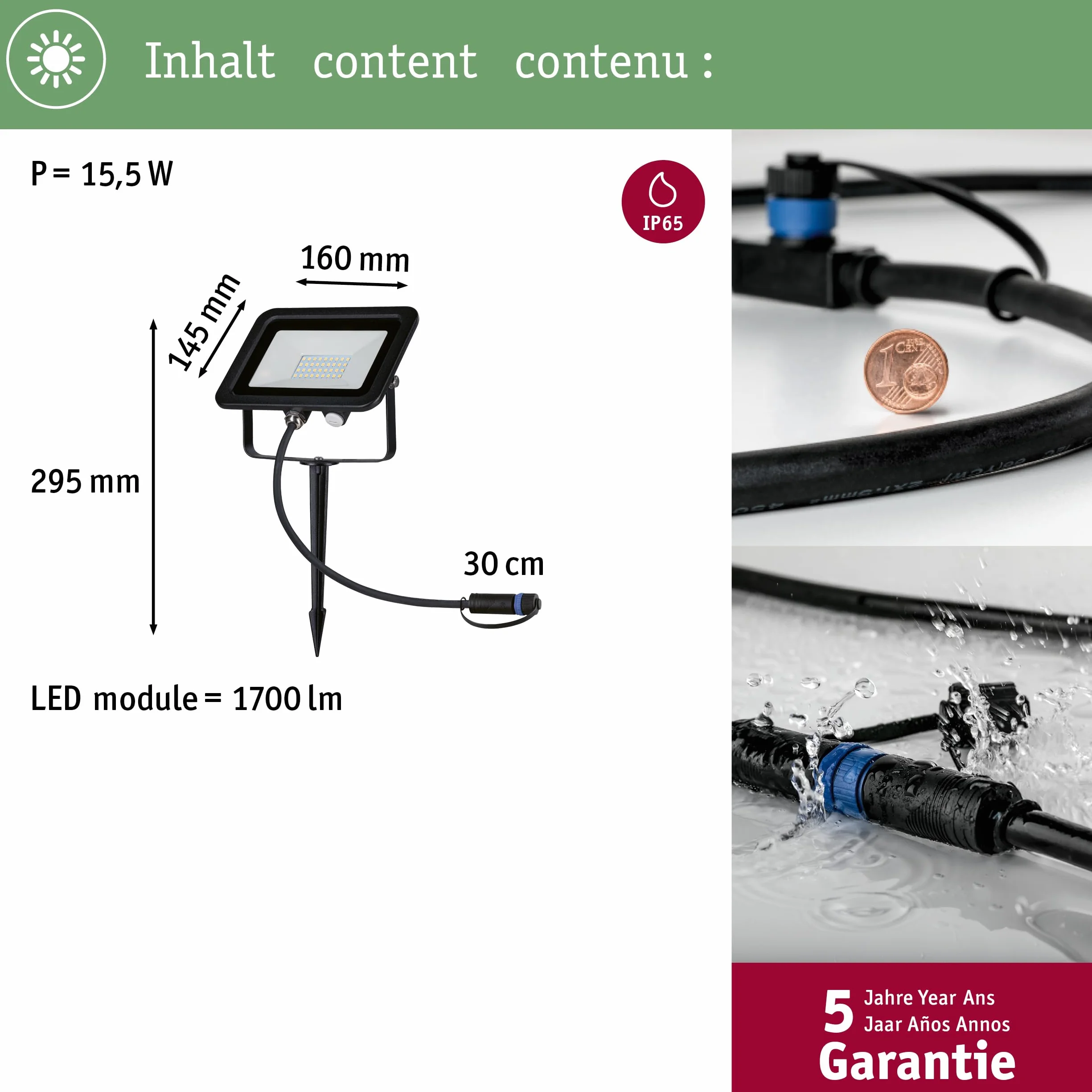 Paulmann Plug & Shine Lampe d'extérieur LED Projecteur de jardin IP65 Blanc chaud 15,5 W Noir Aluminium 3000 K