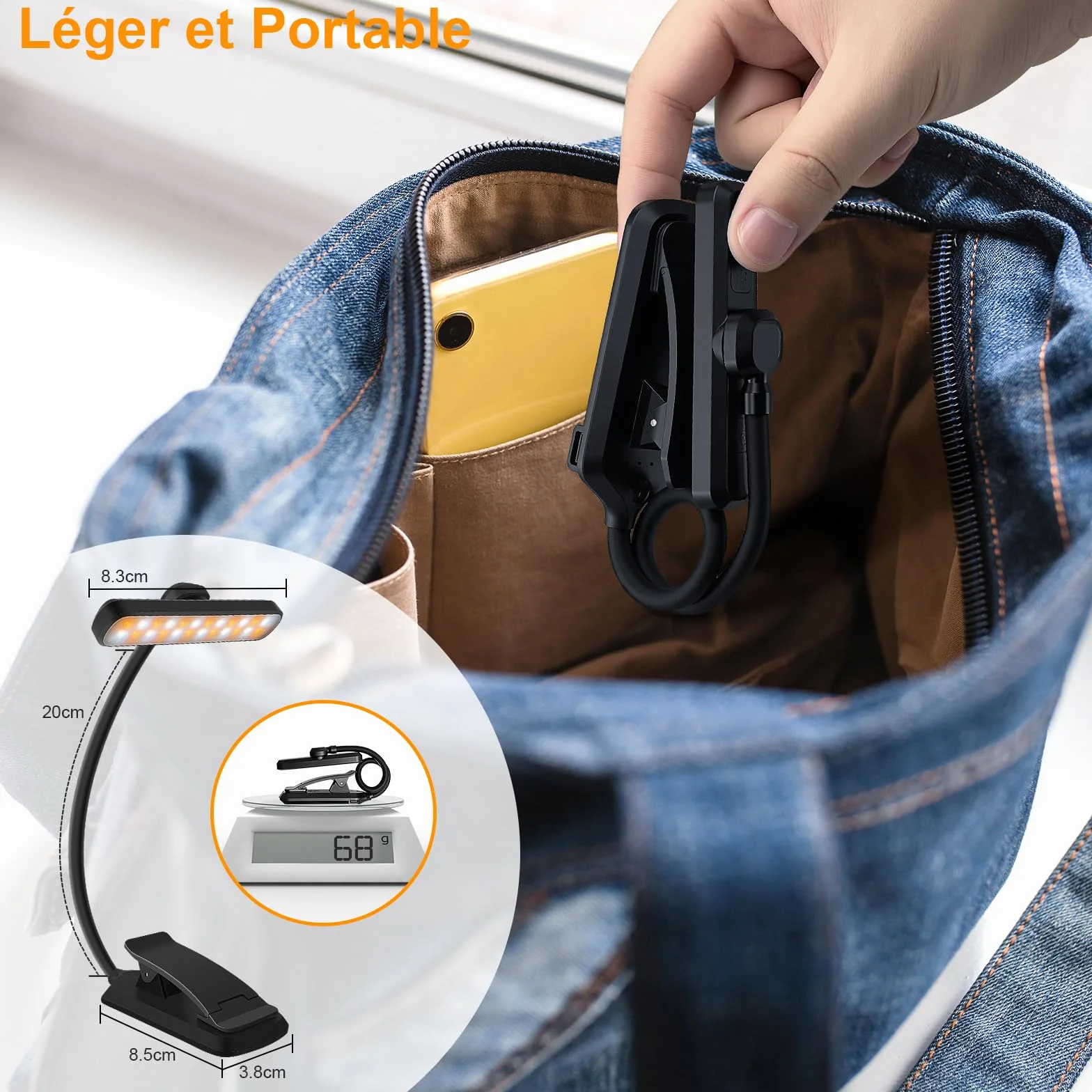 Karidi Lampe de Lecture 24 LED Rechargeable, Liseuse Clip Rotative 315°, 5 Luminosités 3 Couleurs, 360° Cou Flexible Noir