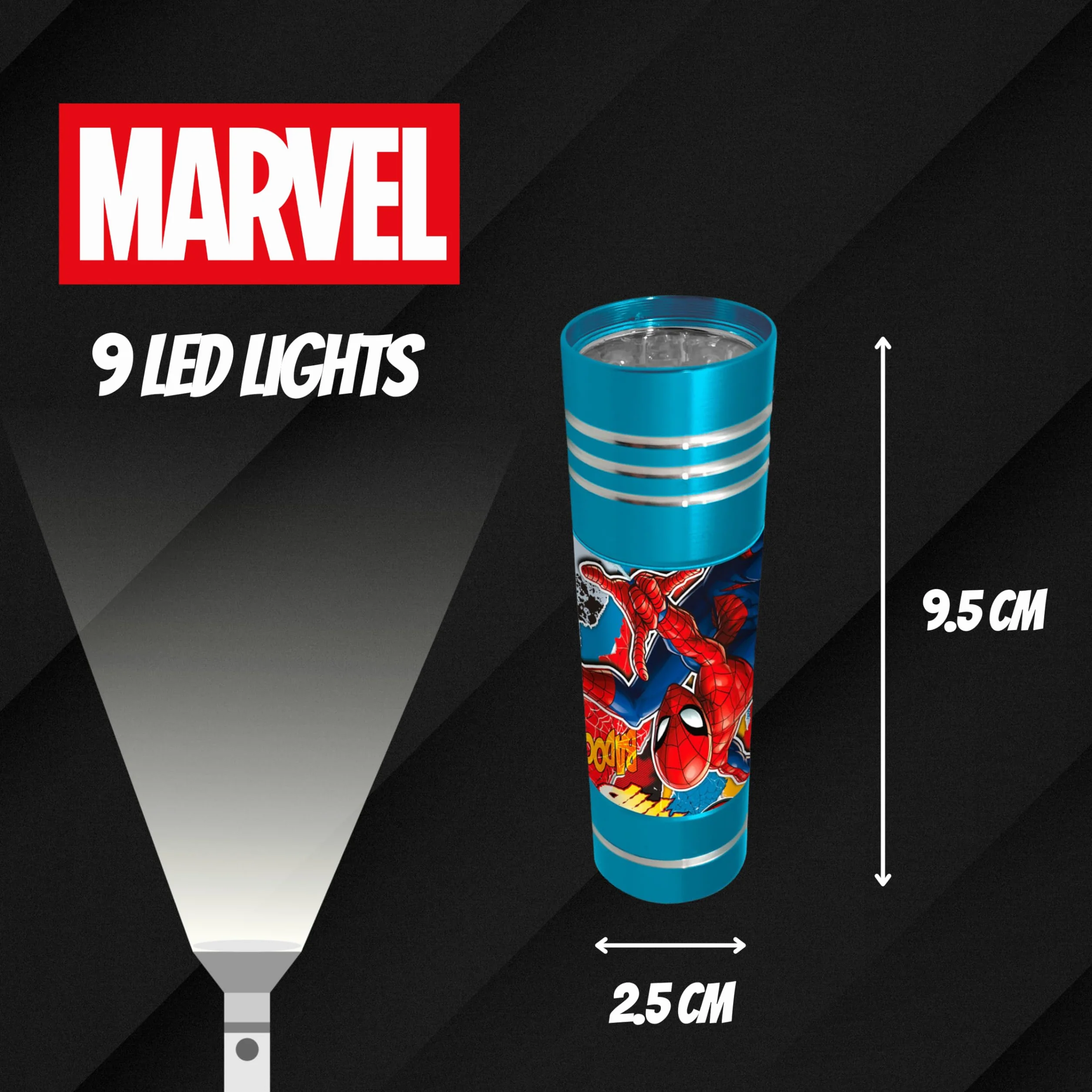 Lampe de Poche Spider-Man Marvel 9 LED avec Dragonne Cadeau Enfants Bleu