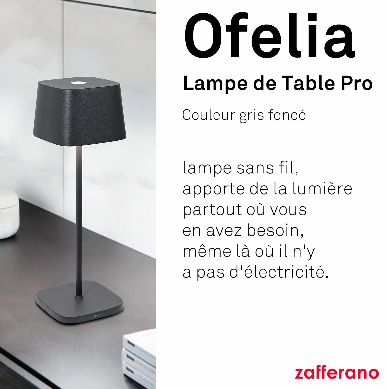 Zafferano Ofelia Lampe de Table Rechargeable Sans Fil Contrôle Tactile Dimmer 2200-3000 K Hauteur 29 cm Gris Foncé
