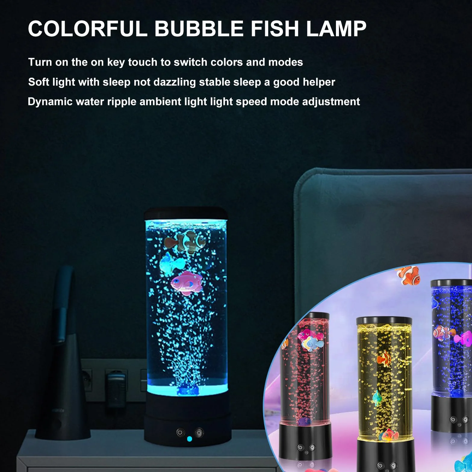 Lampe à lave à bulles avec poisson, télécommande, 16 couleurs, 4 modes, ambiance aquarium, câble USB