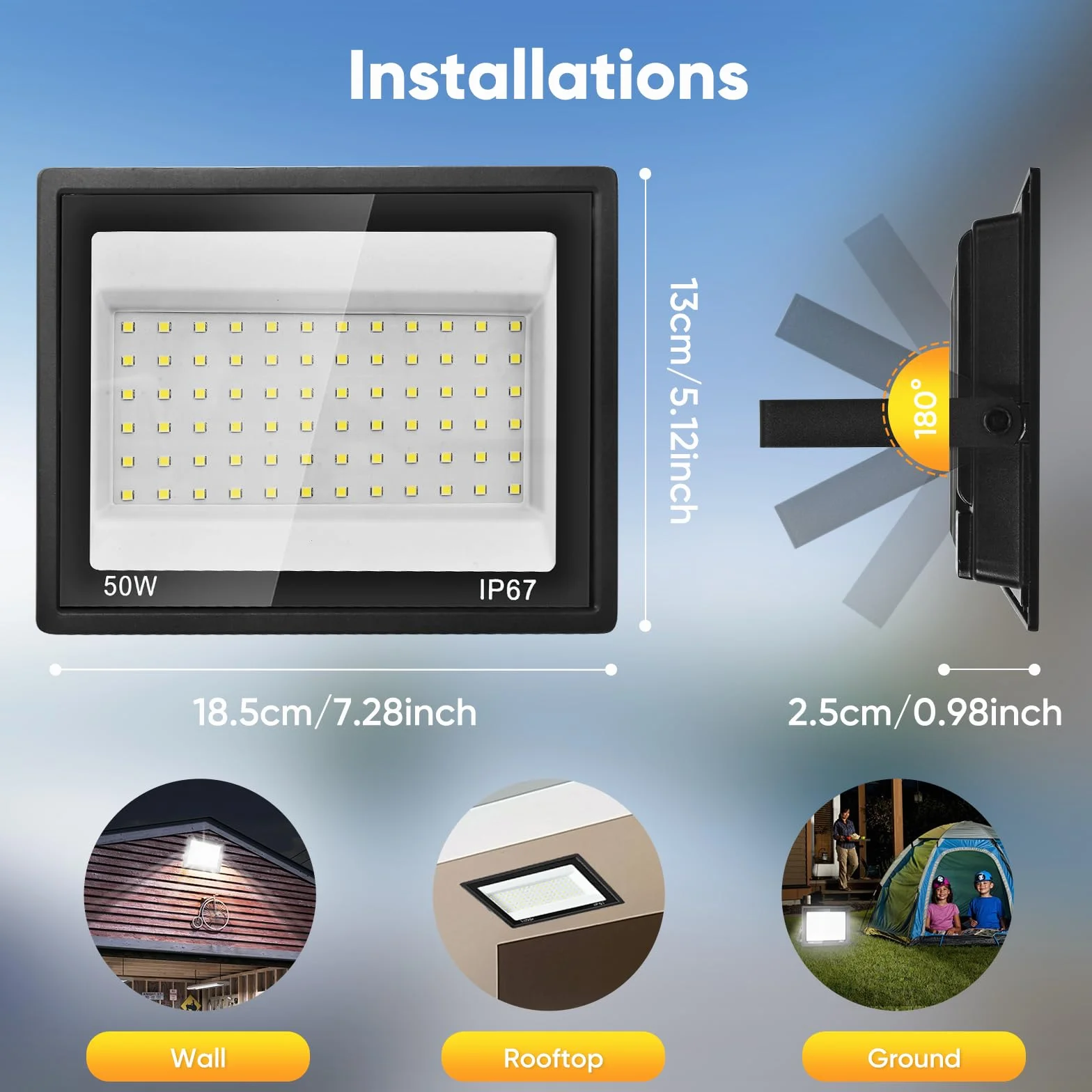 Projecteur LED Extérieur 50W 7000K 5000LM IP67 Étanche 72 LEDs