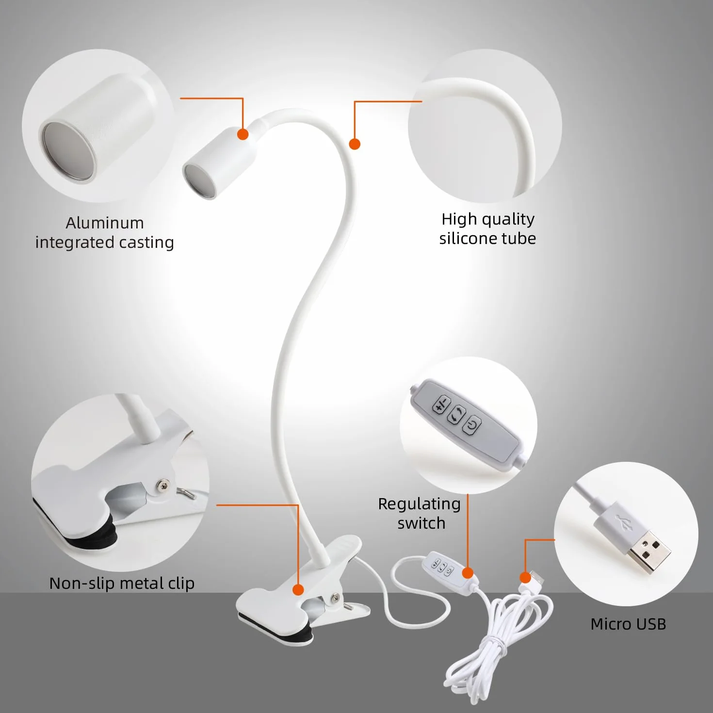 DA LIGHT Lampe de Lecture de Lit à Pince LED, 5 Températures de Couleur, Variateur USB Blanc