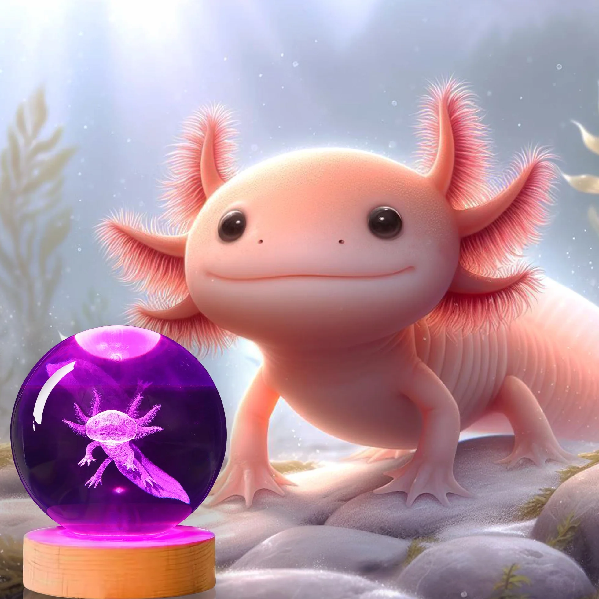 OkiyiD Veilleuse 3D Boule de Cristal Axolotl avec Télécommande, Lampe en Verre, Cadeau pour Enfants