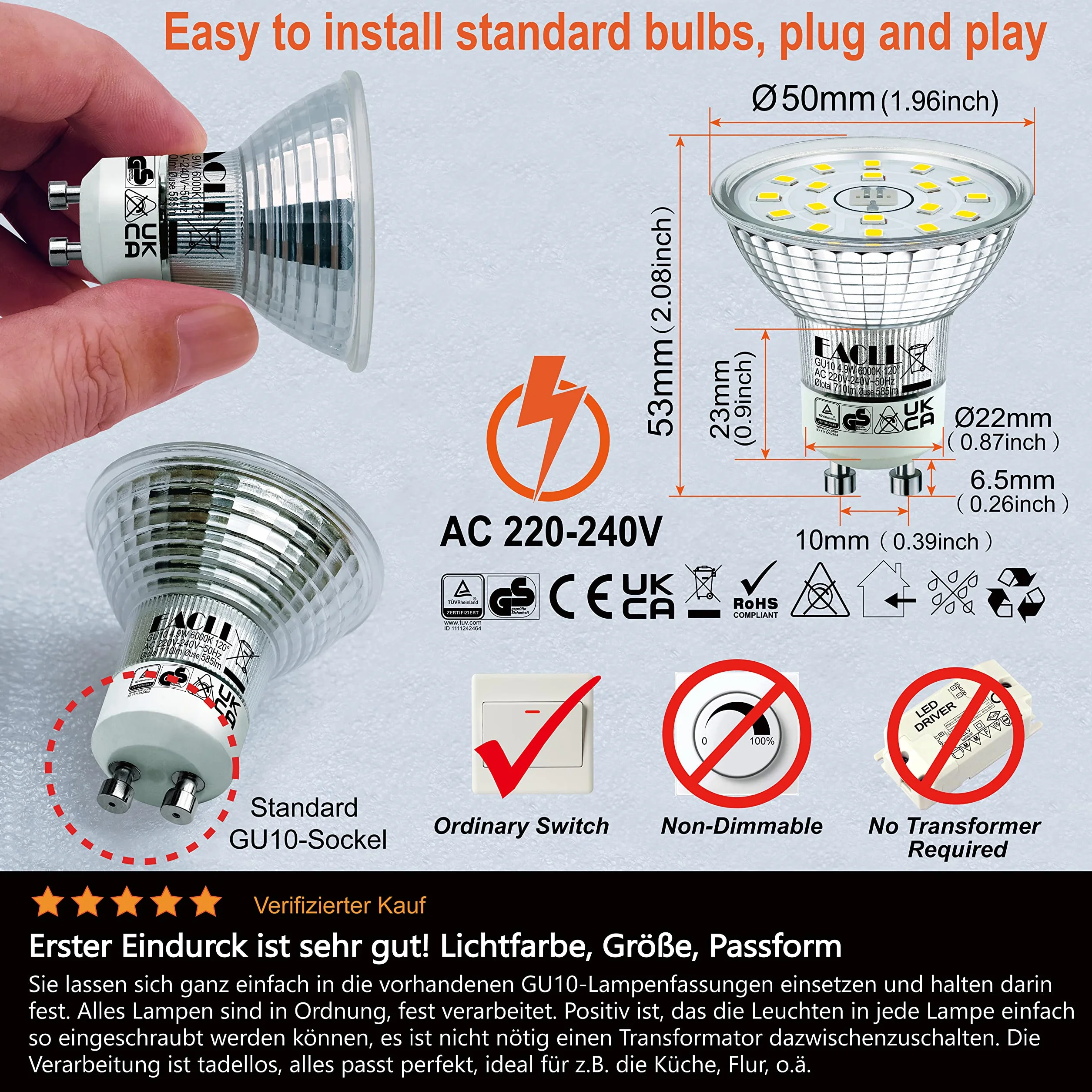 Ampoules LED GU10 Blanc Froid 4.9W Équivalent Halogène 75W Lot de 4 6000K 585 Lumens 120° Non Dimmable AC 230V