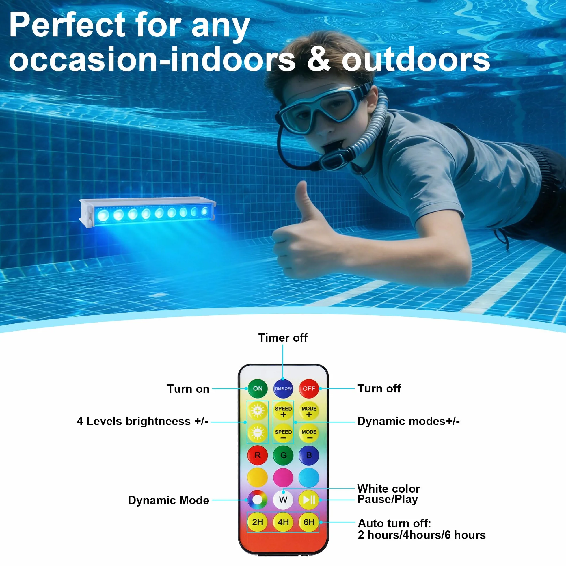Lumière LED Sous l'Eau pour Piscine Sans Fil Rechargeable, Lampe Submersible avec Télécommande, 8 Modes, IP68 Étanche, Lot de 2