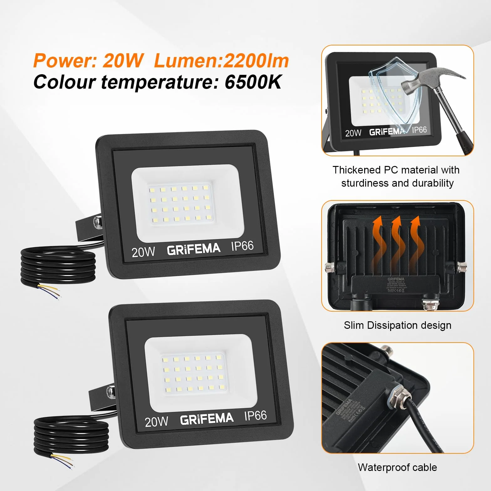 Grilléma 2PCS Projecteur LED Extérieur 20W 24 LEDs 2200LM IP66 Étanche Blanc Froid 6500K