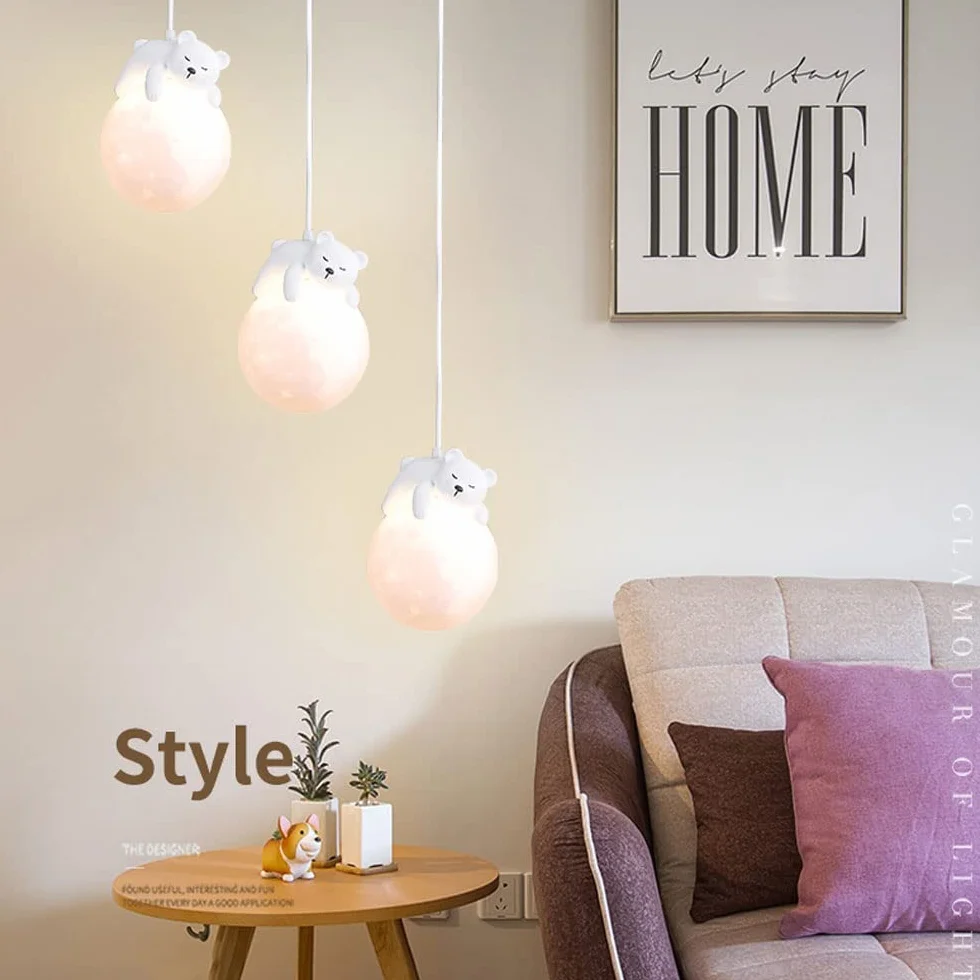 Mignon Ours Pendentif Lumière Impression 3D Lune Globe Lapin Endormi Lustre Enfants Planète Suspension Lampe Chambre 3 Lumière