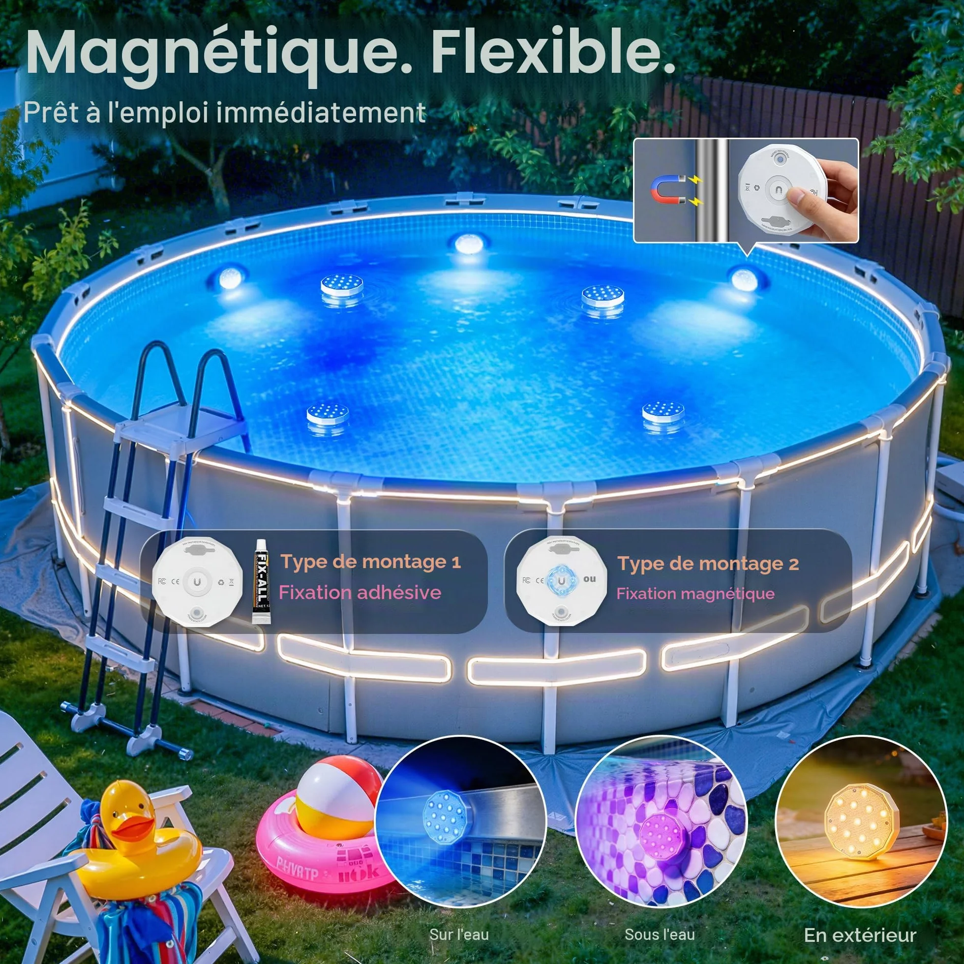 Ollny Lampe de Piscine Magnétique LED RGB Submersible Rechargeable IP67 avec Télécommande