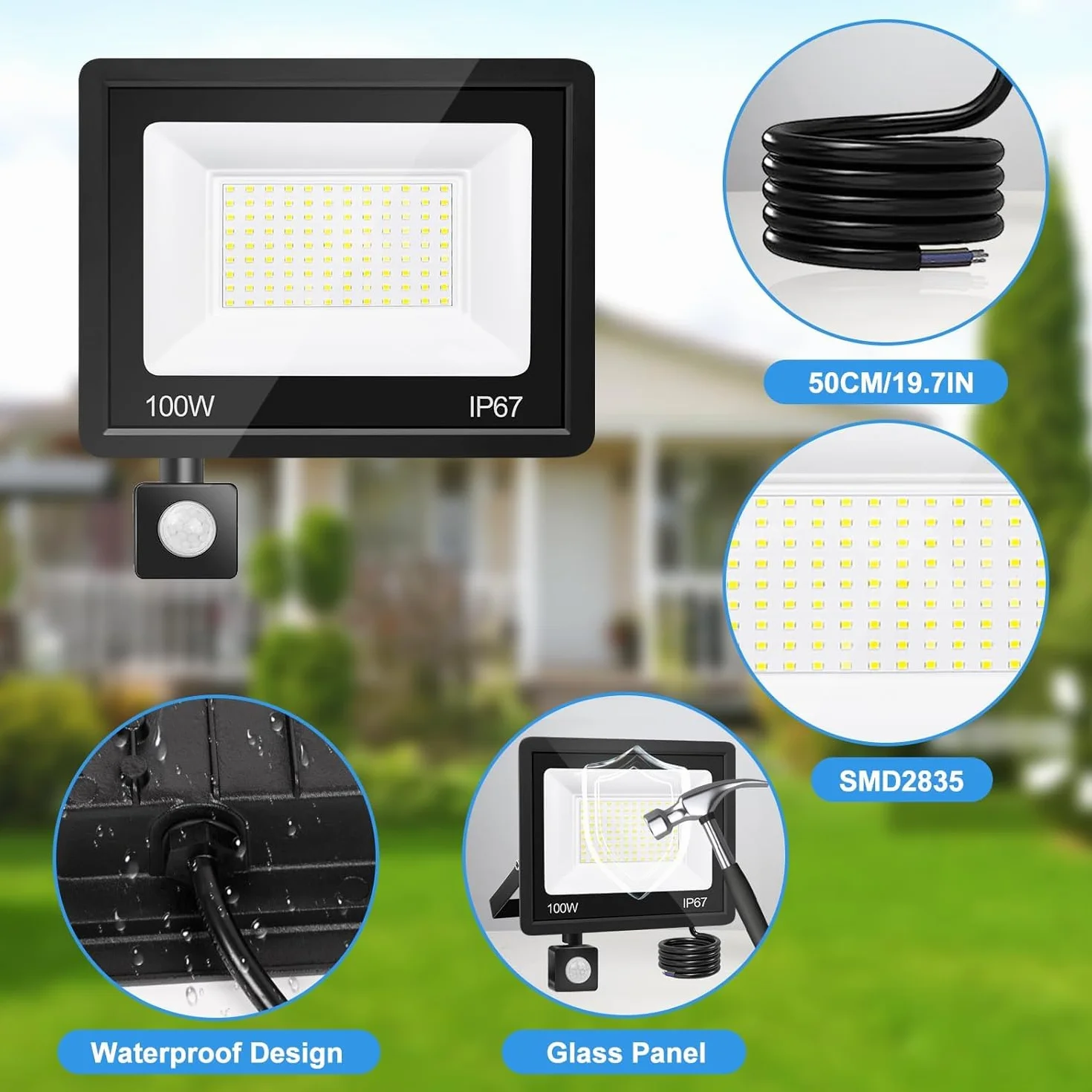 Projecteur LED Exterieur Detecteur de Mouvement 100W 10000LM 7000K IP67 Etanche Eclairage Exterieur