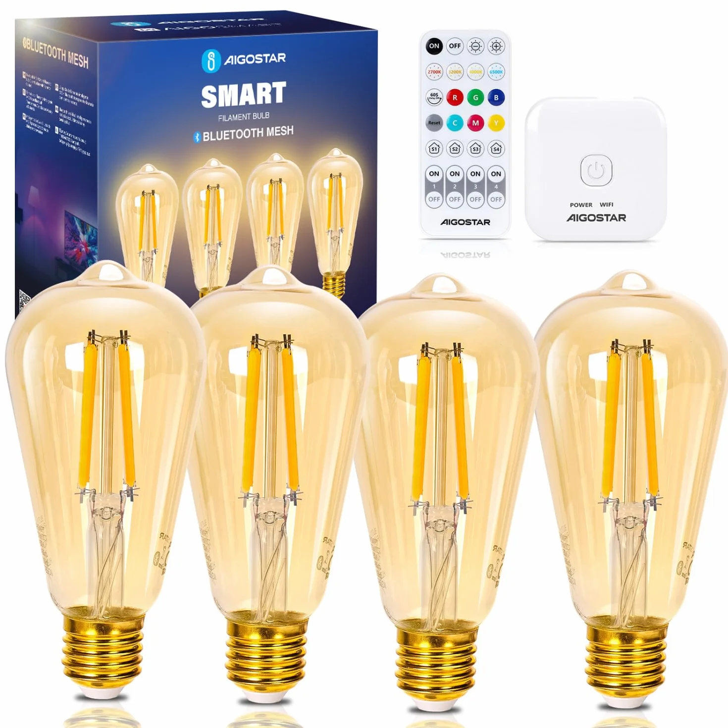 Aigostar Ampoule Connectée Alexa E27 Bluetooth Mesh ST64 LED Edison Vintage Dimmable 6W 2700K-6500K 4 Unité avec Passerelle et Télécommande