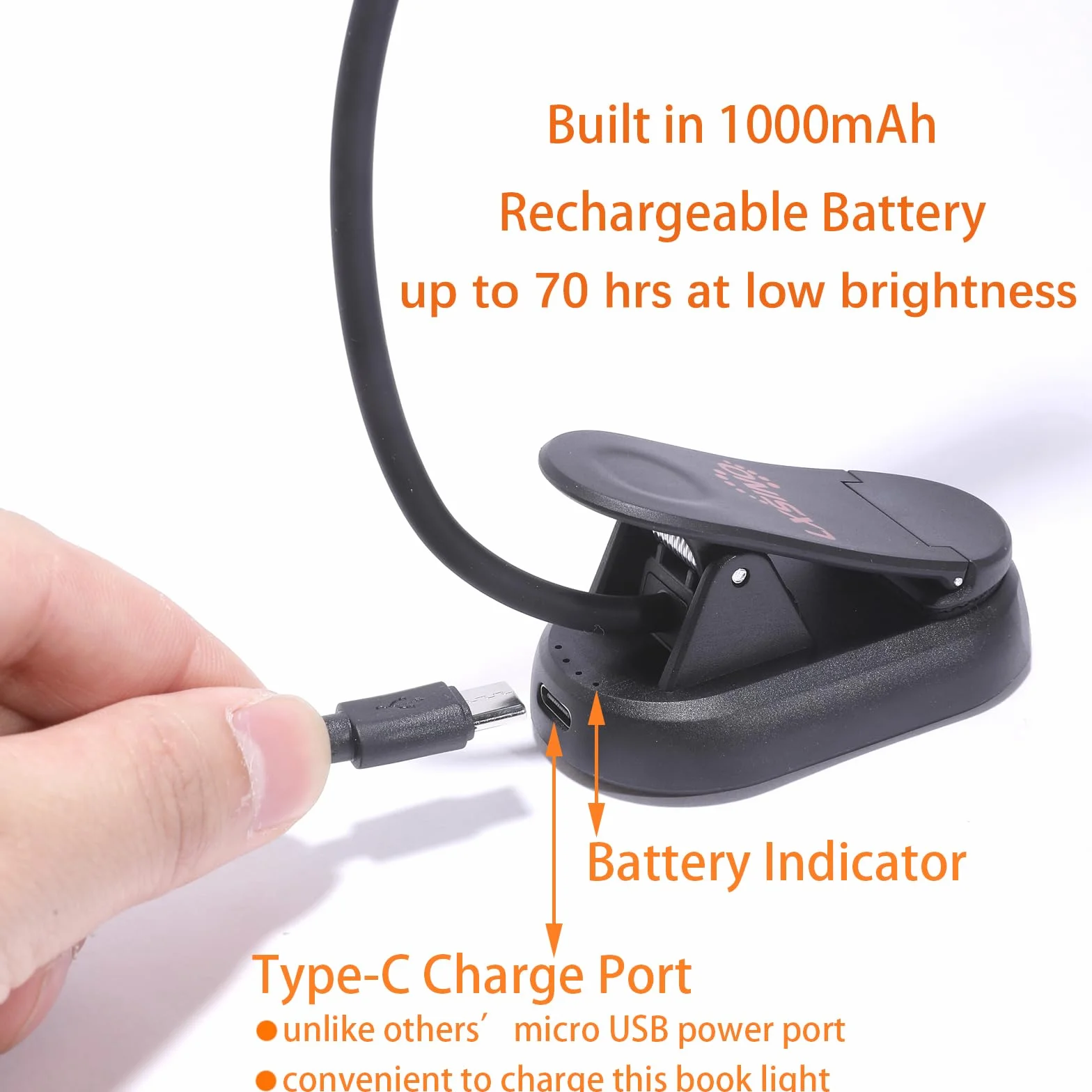 Ambre & Rouge Lampe de Lecture Liseuse Clip Rechargeable 8 LED Protection des Yeux Gradation Continu 3 Couleurs 360° Cou Flexible Portable